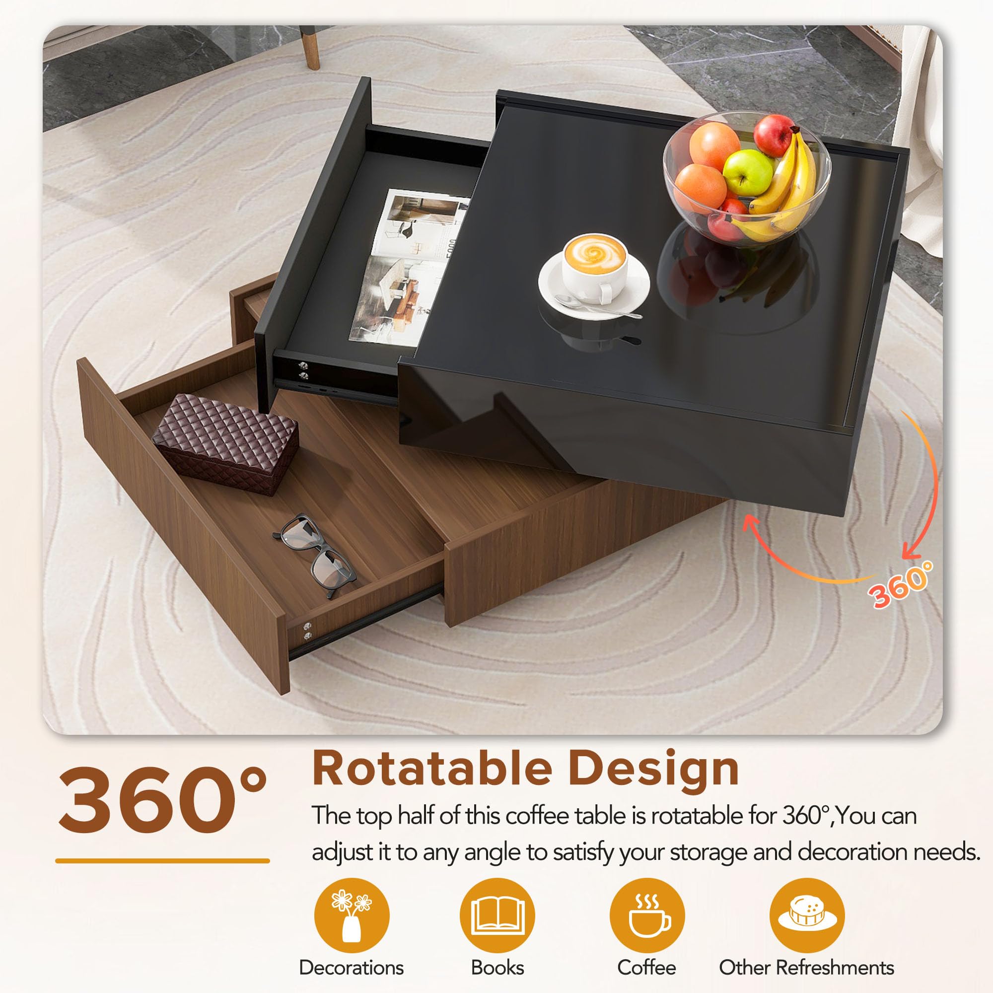 360° Rotating Modern Coffee Table with 2 Storage Drawers - High Gloss 2-Tier Square Center Table & Side Table for Living Room - Black & Walnut Finish - Perfect for Small Spaces & Home Decor