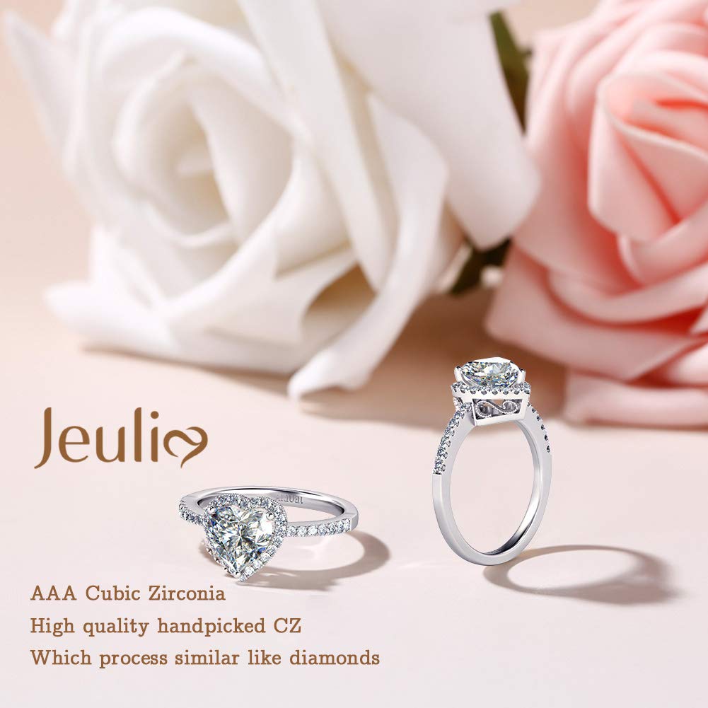 Jeulia 3 Carat CZ Solitaire Engagement Ring - Sterling Silver Heart Cut Halo Bridal Set with Cubic Zirconia - Wedding Band, Promise & Anniversary Jewelry (Includes Gift Box) - Perfect for Proposals, Weddings & Romantic Celebrations