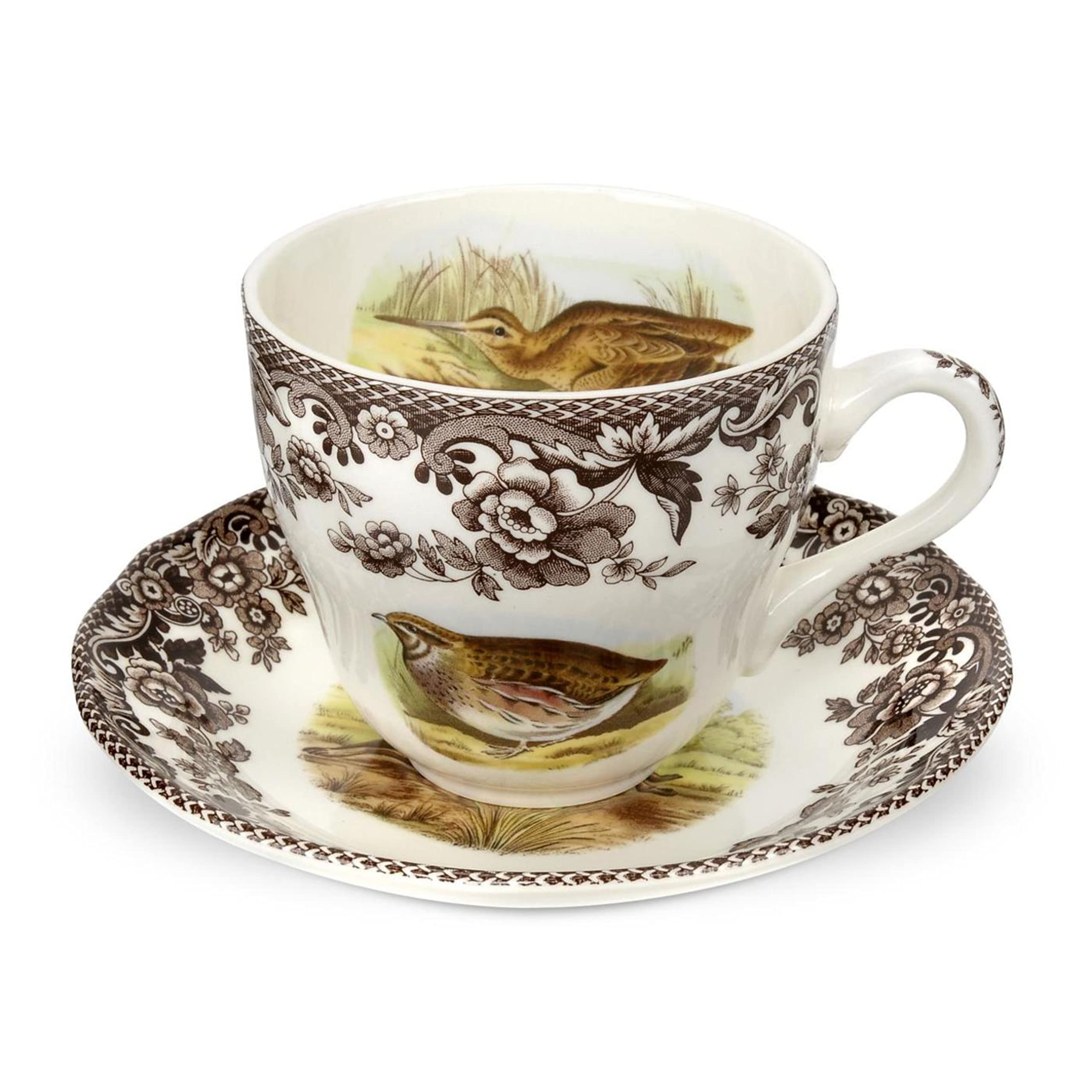 Spode Woodland Tea Cup and Saucer Set - 7 Oz Fine Porcelain Tea Cup with Quail, Pheasant, Snipe & Rabbit Designs - Microwave & Dishwasher Safe - Perfect for Afternoon Tea, Bridal Showers & Vintage Collections