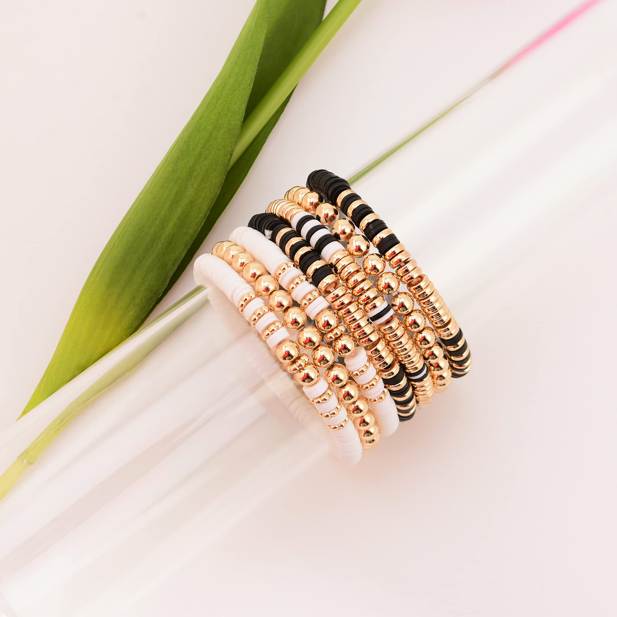 Surfer Heishi Bracelet Set for Women - Stackable Gold Clay Polymer Bead Stretch Bracelets - Pink Beach Layering Jewelry for Summer Vacations & Boho Fashion