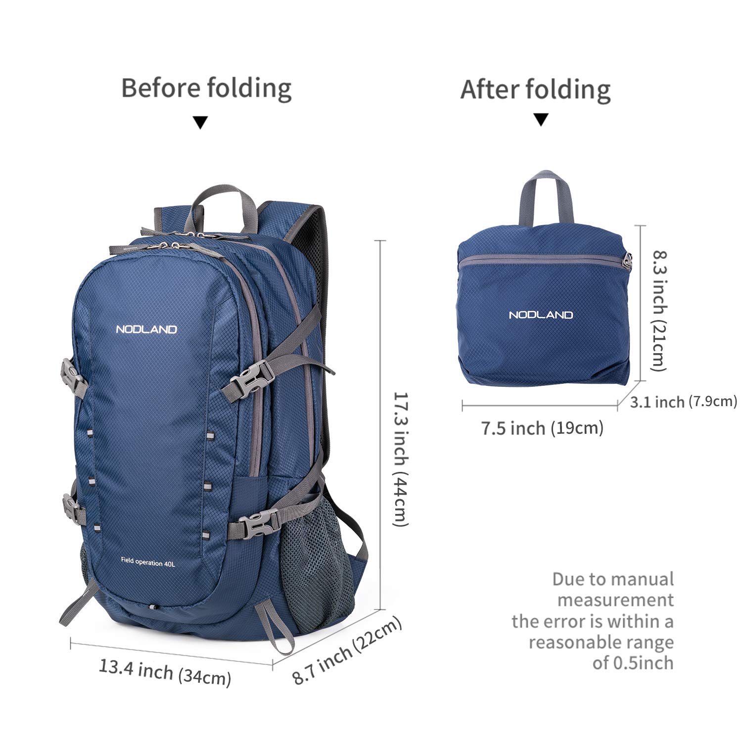 NODLAND 40L Lightweight Water-Resistant Foldable Backpack - Travel, Hiking, Camping, Outdoor Daypack for Men & Women - Perfect for Commuting, Weekend Trips & Adventure Travel