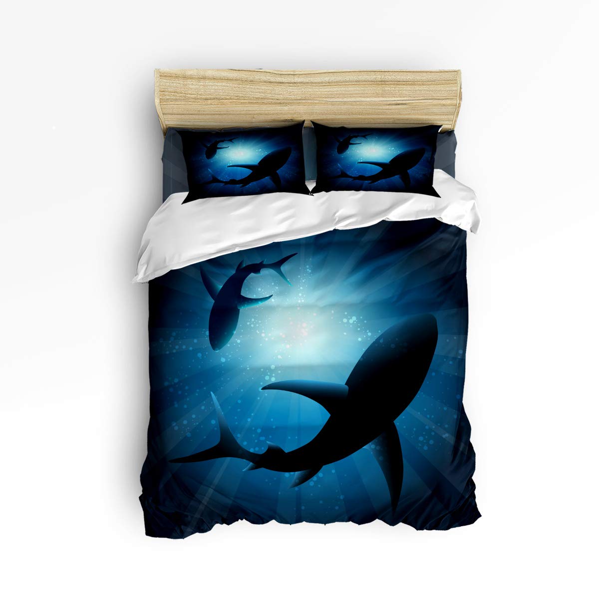 Trendy 4-Piece Shark Pattern Duvet Cover Set for Kids - Twin Size, Includes 1 Duvet Cover + 1 Fitted Sheet + 2 Pillowcases, Soft Blue Comfort Bedding for Boys & Girls - Perfect for Kids' Rooms, Sleepovers & Themed Bedrooms