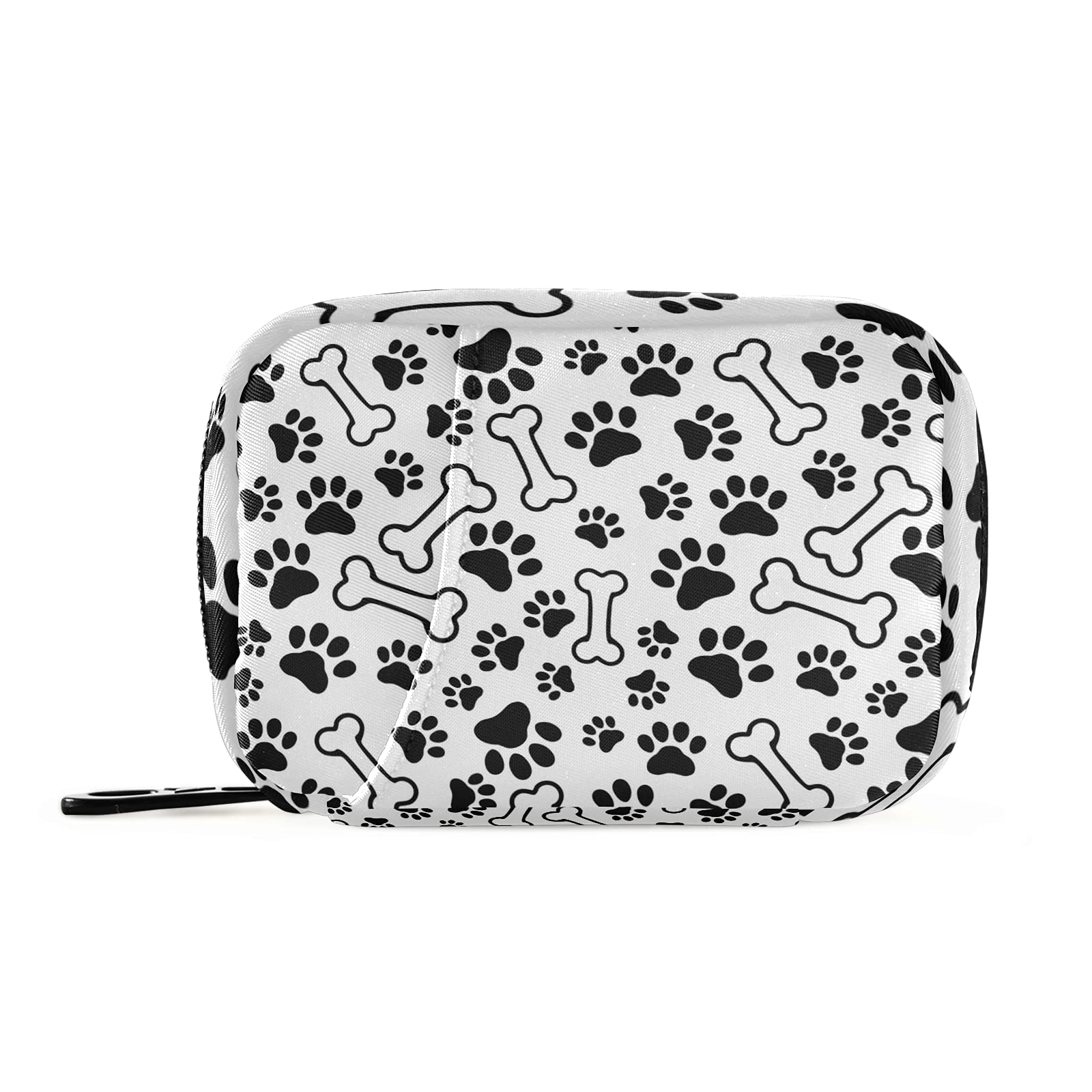 Black Pet Paws Print & Bones Pattern White Pill Organizer Case - Removable Plastic Compartments, Zippered Medicine Storage Bag - Perfect for Travel, Daily Medication & Pet First Aid Supplies