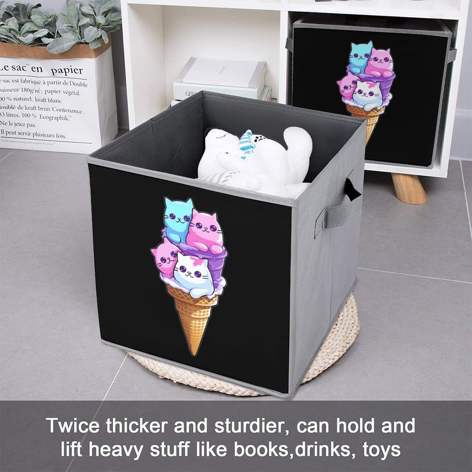 Foldable Storage Cubes for Ice Cream Cat - Square Storage Baskets with Handles, 1PC - Perfect for Home Organization, Closet, Office & Kids Room Storage