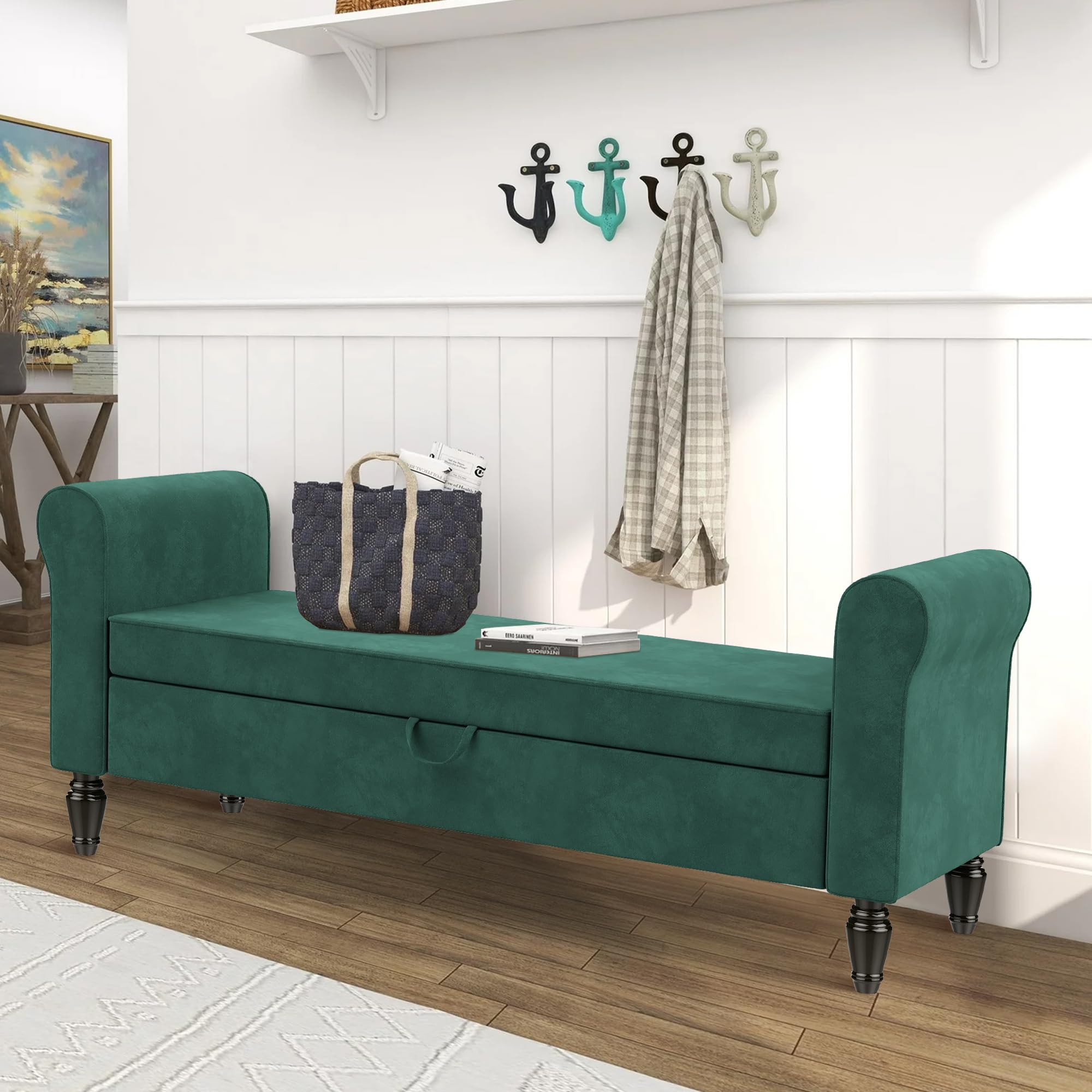ALISH Modern Storage Bench with Arms - Button Tufted Upholstered Entryway Bench for Living Room & Bedroom - Green Velvet Ottoman with Hidden Storage | Perfect for Hallway Seating, Bed End Storage & Entryway Organization