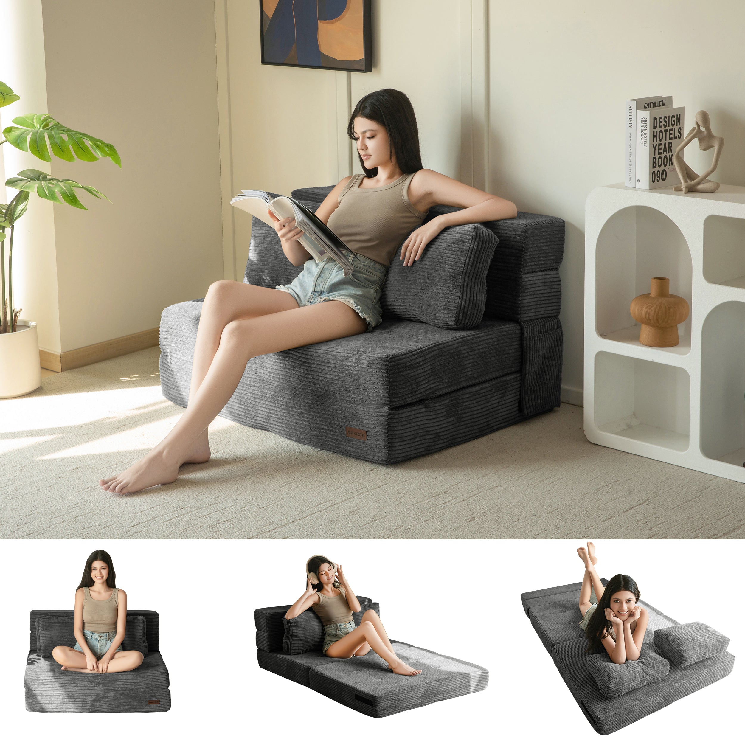 MAXYOYO 3-in-1 Convertible Sofa Bed - Foldable Single Sleeper Sofa with Pillow, Foam Floor Couch & Lazy Chair for Living Room, Bedroom or Guest Room (Dark Grey) | Perfect for Small Spaces, Overnight Guests & Cozy Lounging
