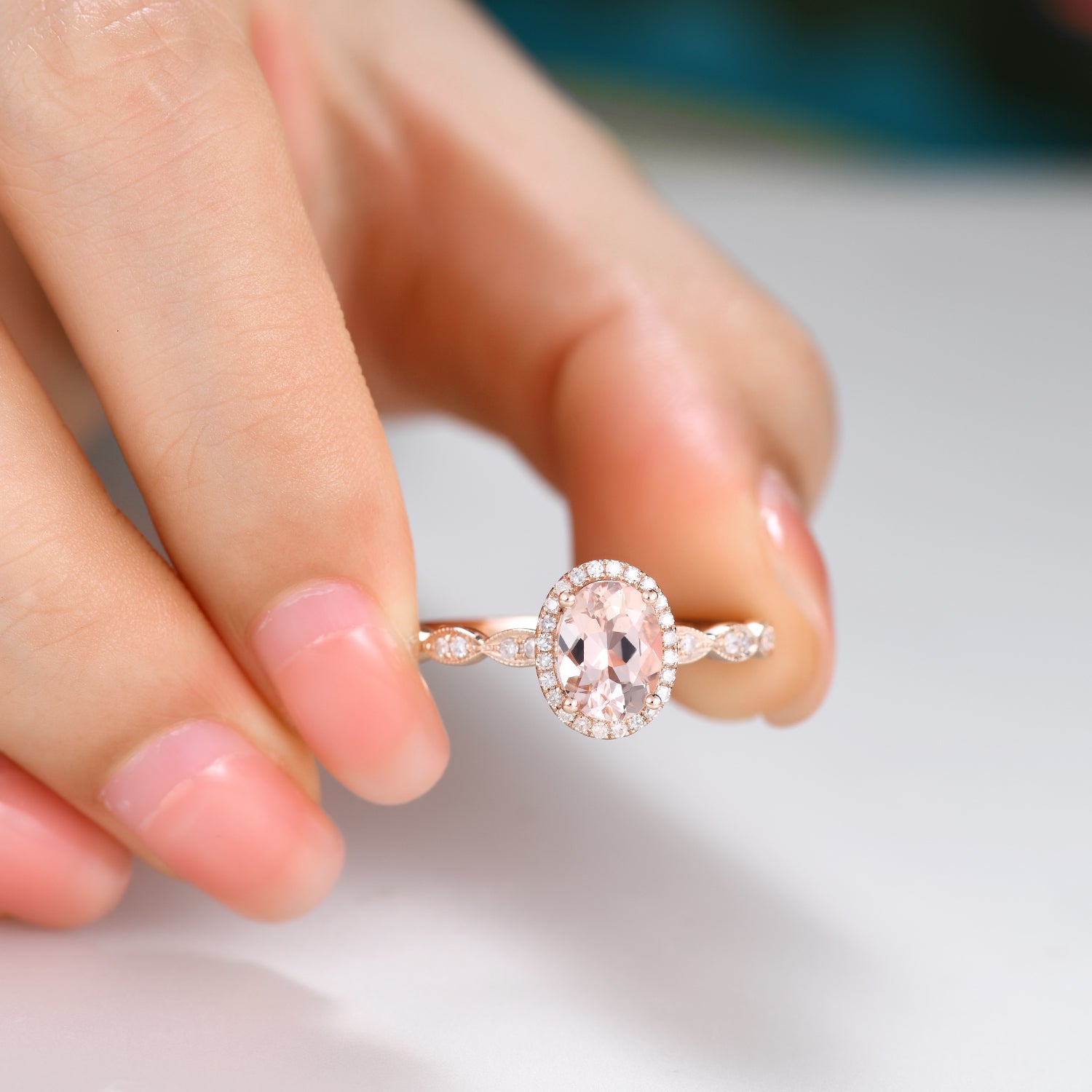 5x7mm Oval Cut Halo Morganite & Diamond Engagement Ring - Vintage Art Deco Style for Wedding, Proposal & Anniversary Gifts
