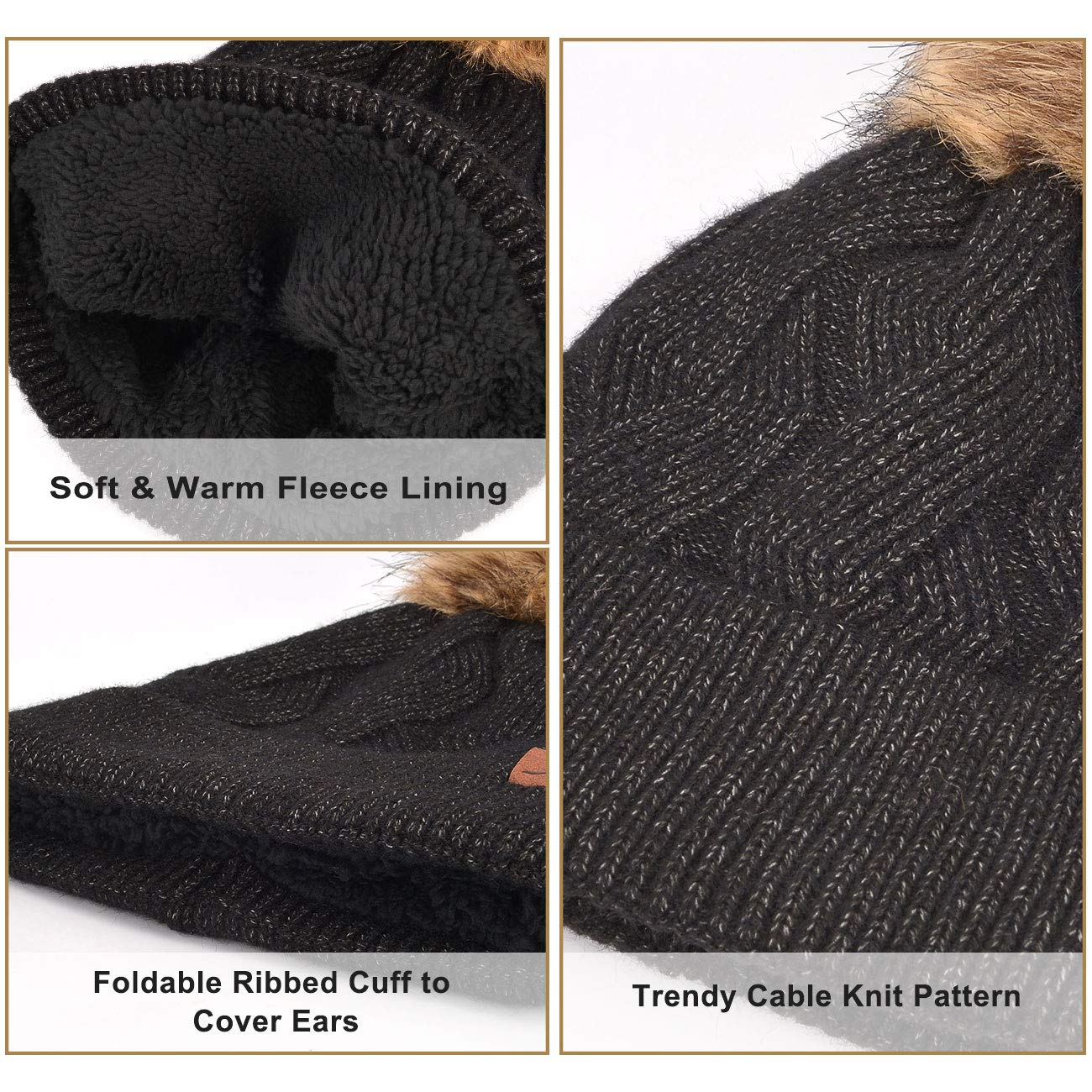 Maylisacc Women's Thermal Winter Beanie & Mittens Set - Double Layer Fleece Lining, Knitted Pom Hat with Faux Fur - Perfect for Skiing, Snowboarding, Cycling & Outdoor Winter Activities
