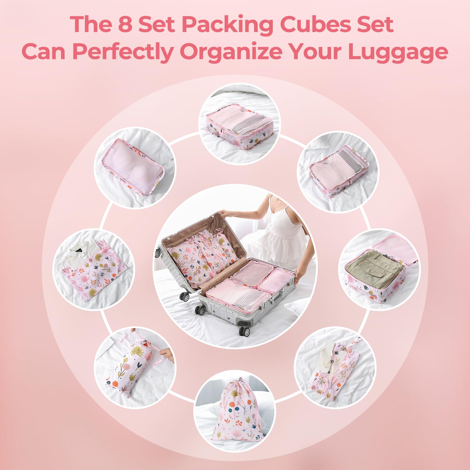 8 Piece Packing Cubes Set for Travel - Floral Printed Luggage Organizers | Perfect for Suitcases, Carry-Ons & Backpacking Trips