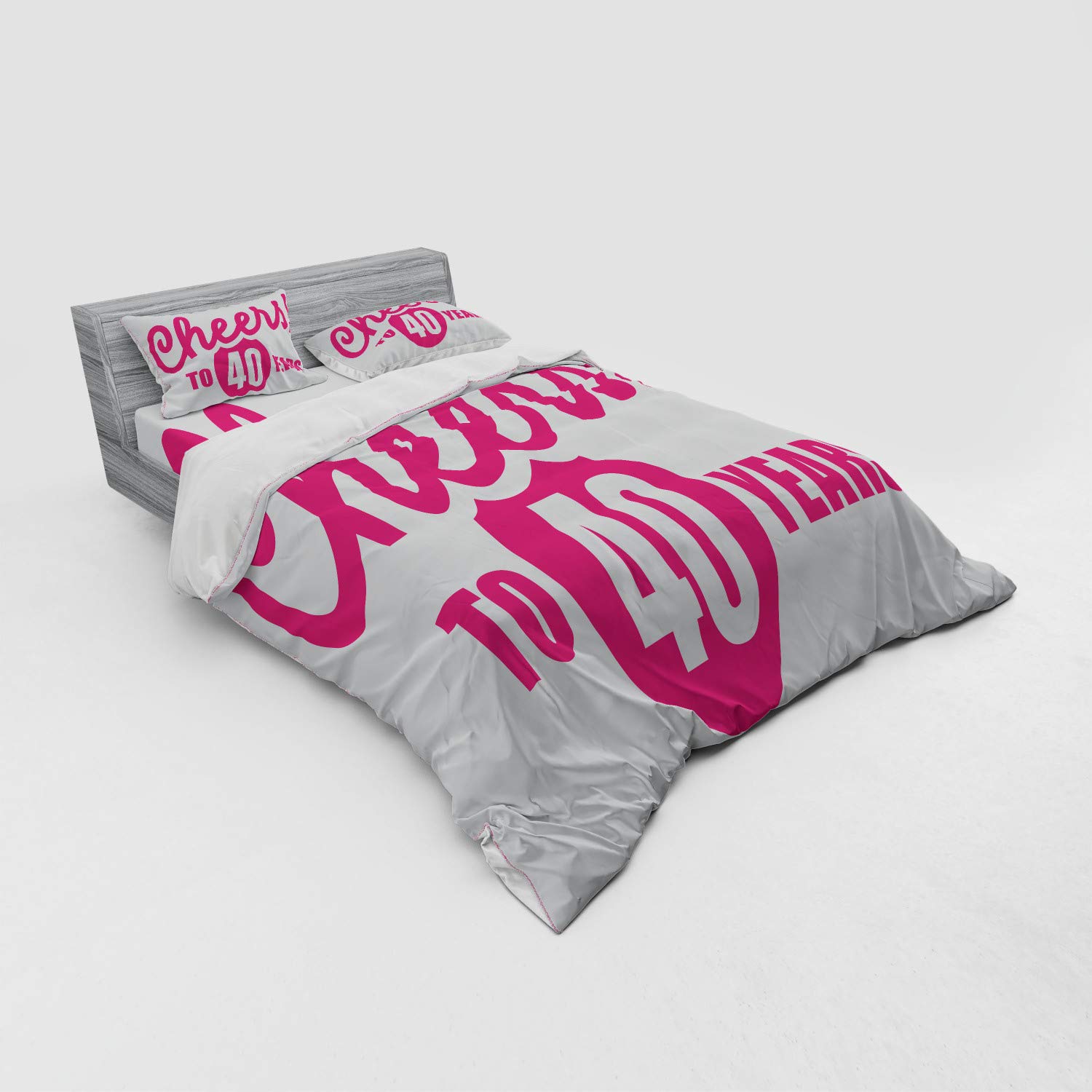 Ambesonne 40th Birthday Duvet Cover Set - Cheerful Hot Pink & White 4-Piece Queen Bedding Set with Shams & Fitted Sheet - Perfect for Birthday Celebrations & Bedroom Decor