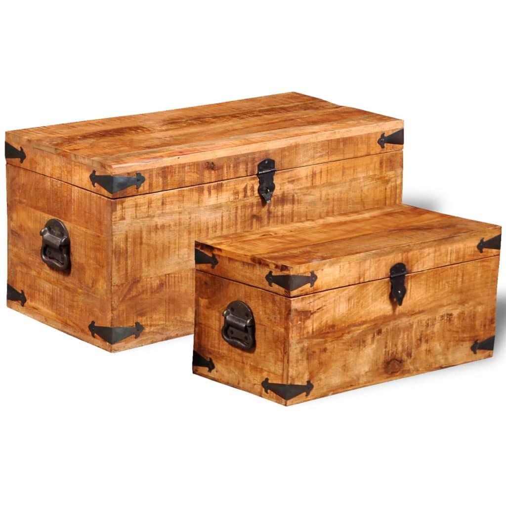 2-Piece Mango Wood Storage Chest Set - Toy Box, Storage Basket & Retro Entryway Bench - Large Sturdy Trunk for Living Room & Bedroom - Easy Assembly - Perfect for Organizing Toys, Blankets & Home Decor