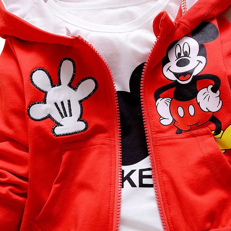 Cartoon Mickey & Minnie Printed Boys Girls 3-Piece Outfit Set - Long Sleeve Shirt, Hooded Coat & Pants for Toddlers | Fall Autumn Kids Clothes with Embroidery | Perfect for Playdates, Preschool & Family Outings