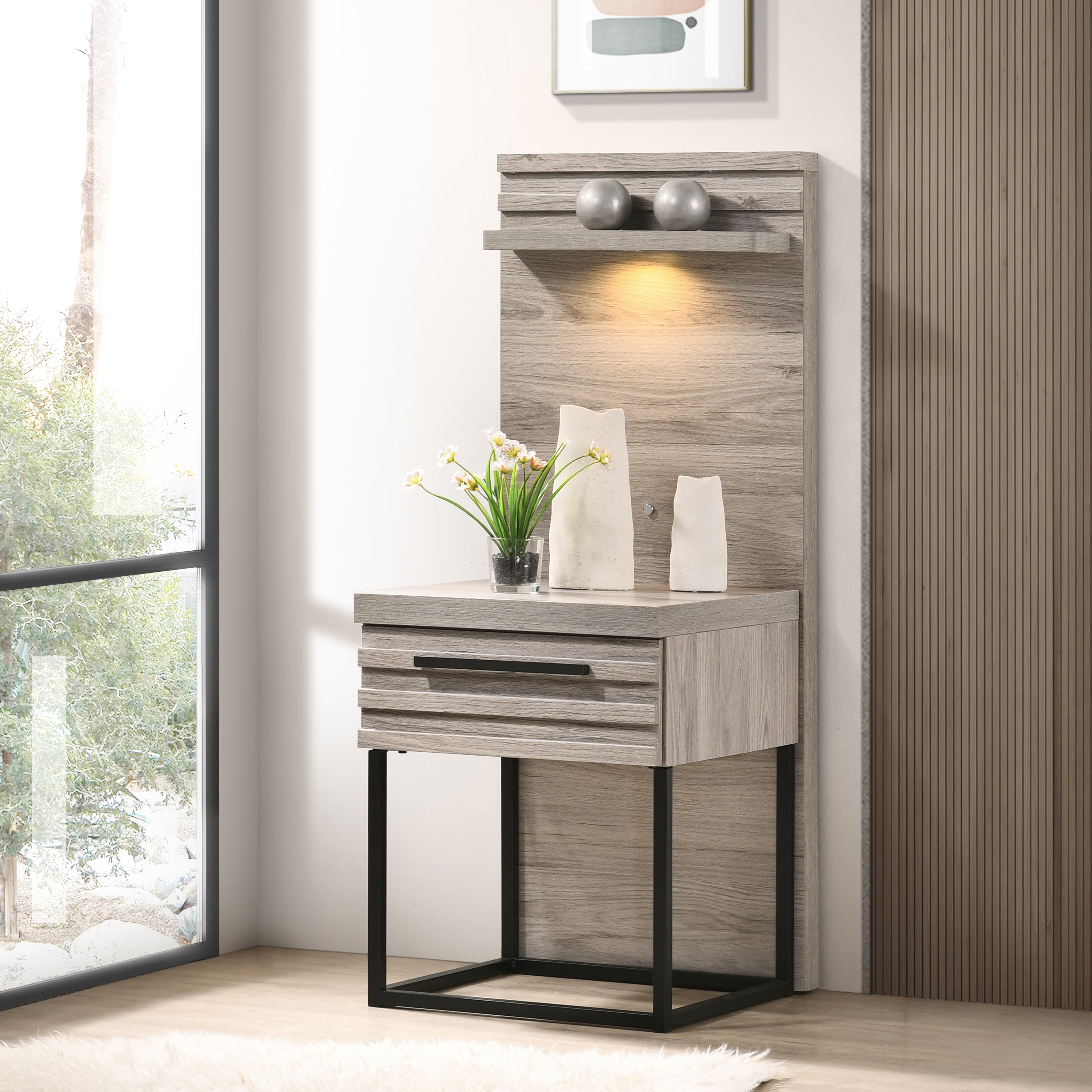 Alvear Upholstered Wood Wallbed with White LED Lights & 2 Nightstands - Modern Space-Saving Murphy Bed in Weathered Gray Finish | Perfect for Small Apartments, Guest Rooms & Studio Living