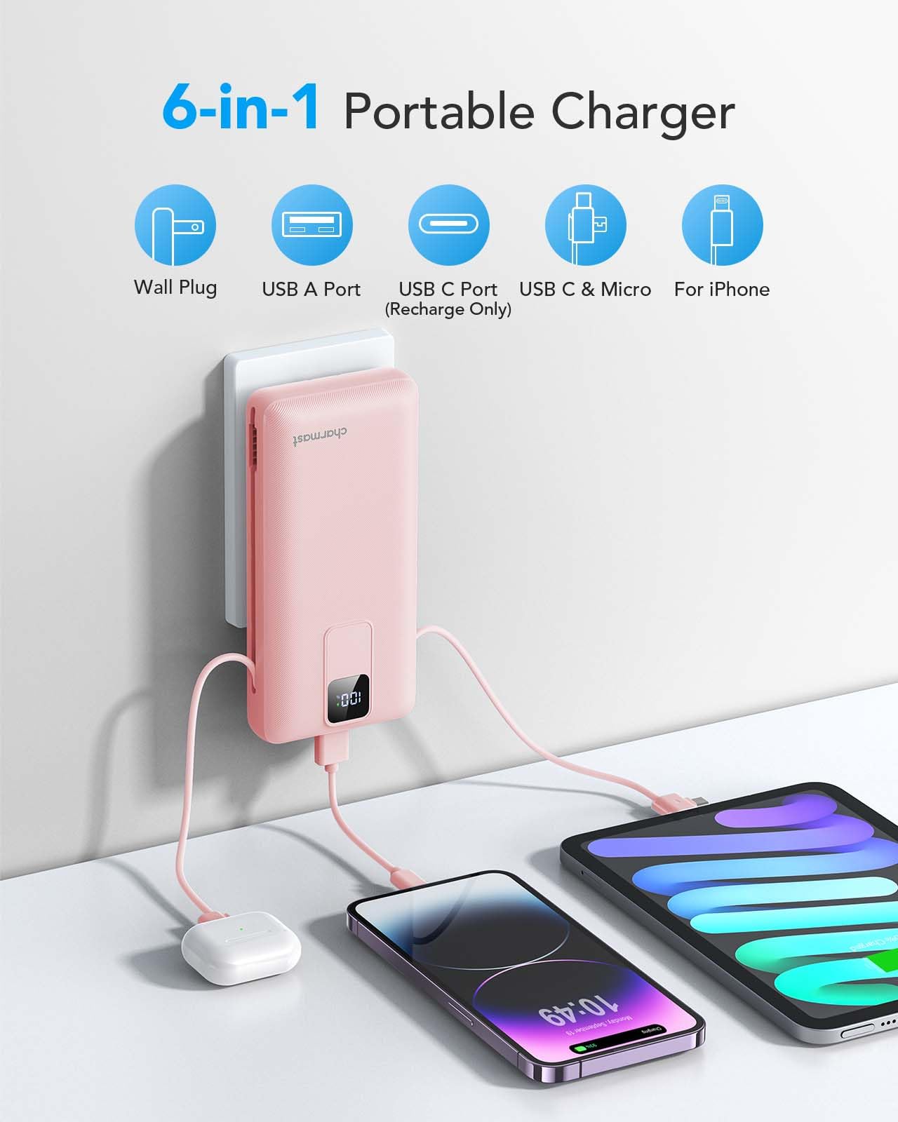 Charmast 20000mAh Portable Charger with Built-in Cables & Wall Plug - 20W Fast Charging Power Bank for iPhone 16/15/14/13, Samsung, Google, iPad - Perfect for Travel, Camping & Emergency Power Backup