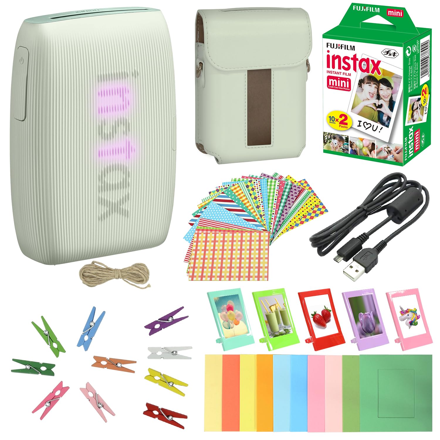 Fujifilm Instax Mini Link 3 Smartphone Printer Bundle - Clay White + 20-Sheet Film Value Pack, Photo Album, 5 Plastic Desk Frames & Sticker Frames (Sage Green) | Instant Photo Printing for Parties, Travel Memories & Home Decor