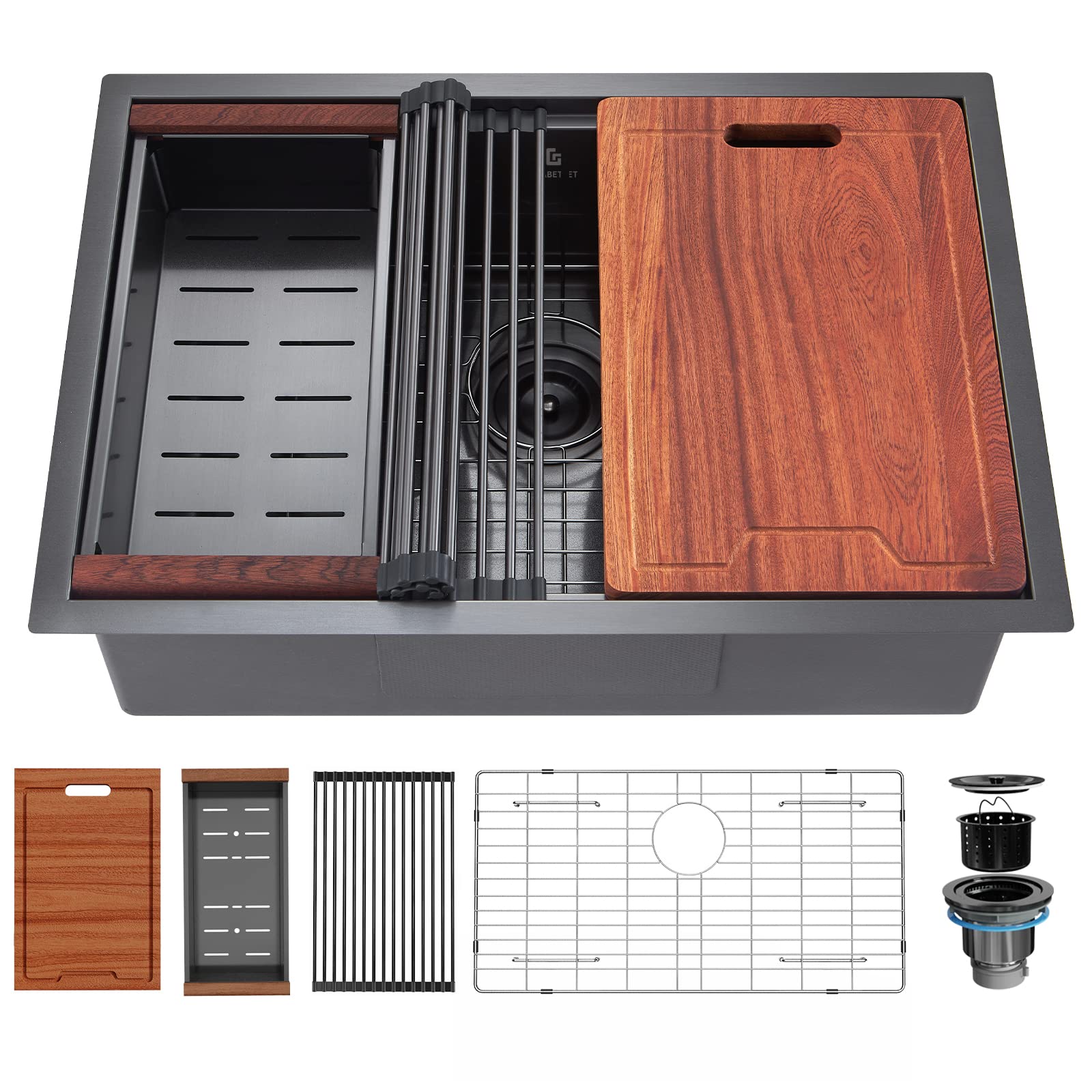 27-inch Undermount Workstation Kitchen Sink - 16 Gauge Stainless Steel with Nano Coating & Brushed Matte Black Finish - Single Bowl Deep Sink with Ledge & Accessories - Perfect for Modern Kitchens, Food Prep, and Heavy-Duty Cooking