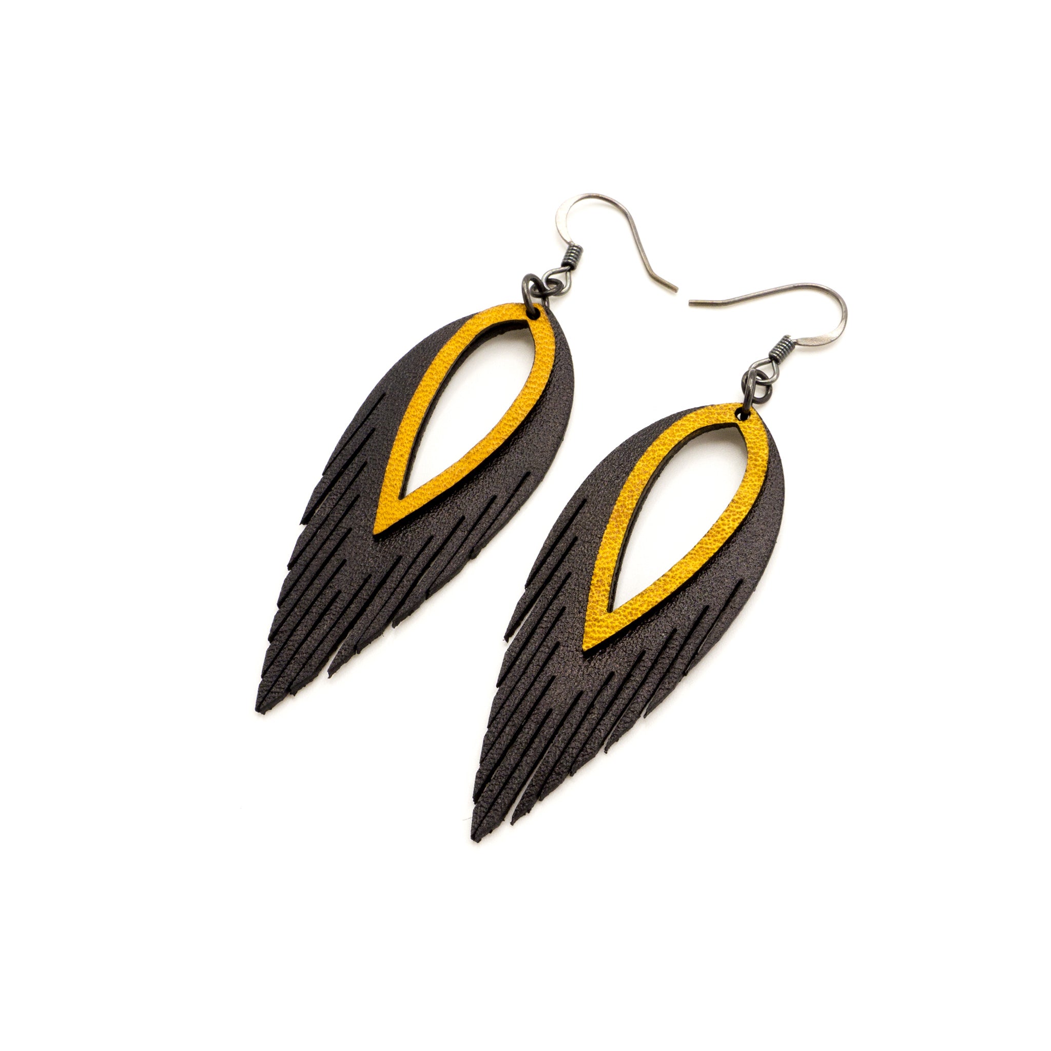 Nativas 2 Layer Genuine Leather Earrings for Women - Stylish Black & Yellow Dangle Hoop Earrings | Perfect for Casual Wear, Parties, and Gift Giving