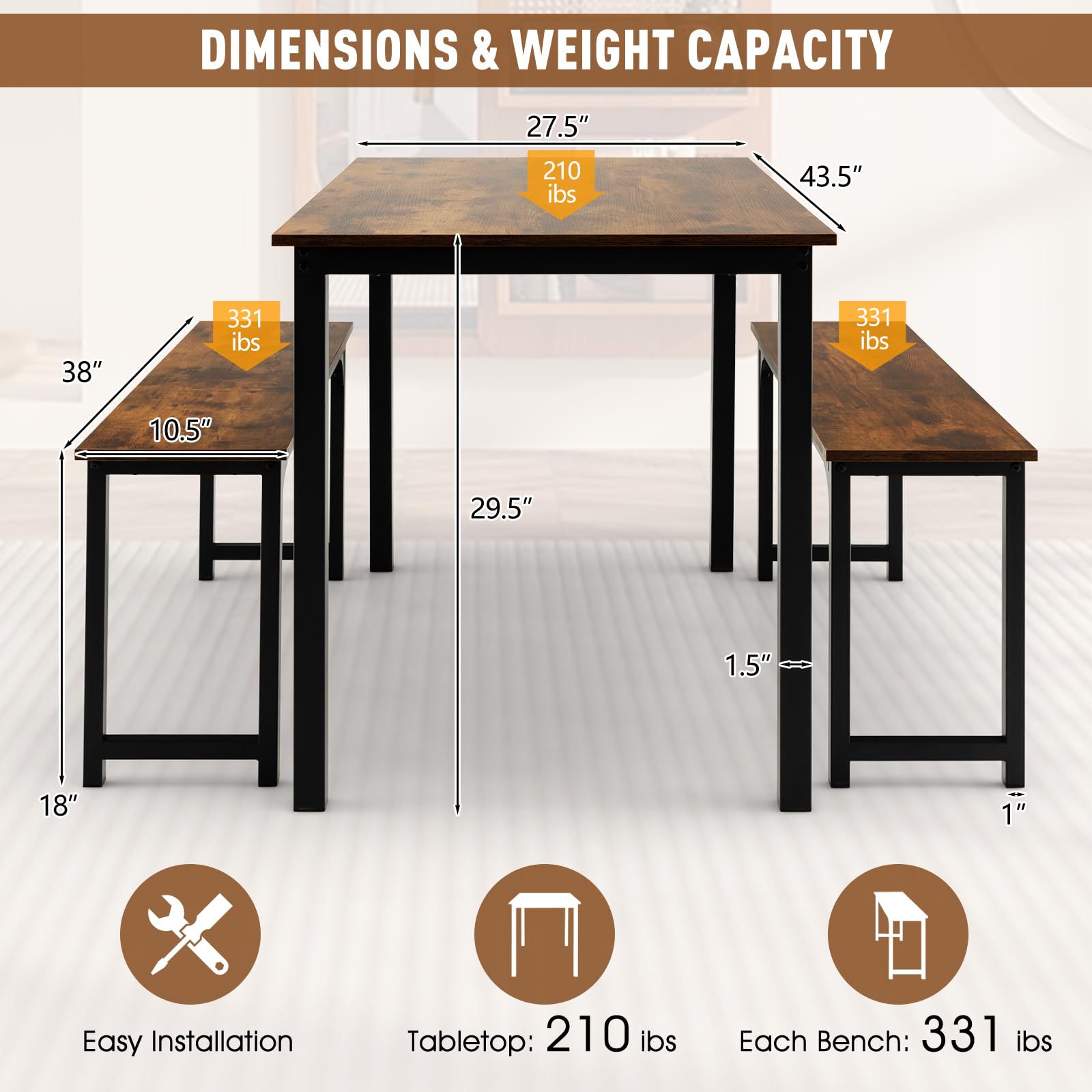 NAFORT 3-Piece Space Saving Dining Table Set for 4 with 2 Benches - 43.5 Inch Compact Kitchen Table with Sturdy Metal Frame & Solid MDF Wood Board - Perfect for Small Apartments, Breakfast Nooks, Restaurants & Outdoor Patio Use
