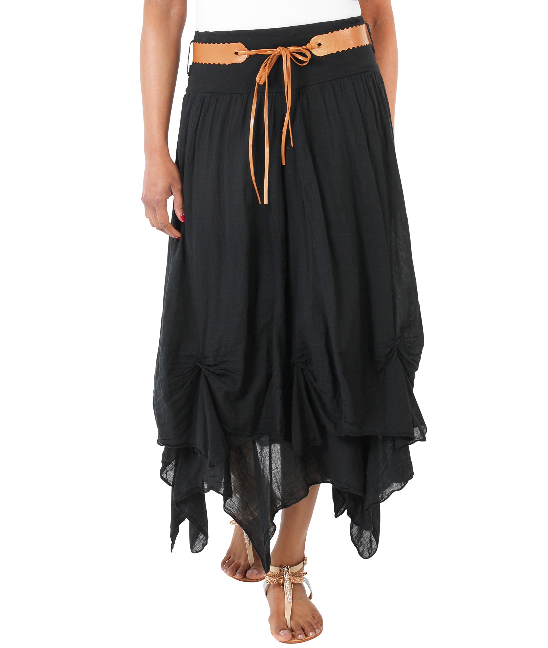 KRISP Women's Bohemian Gypsy Cotton Belted Elastic High Waist Maxi Long Skirt - Plus Size Flowy Summer Skirt for Beach, Vacation & Boho Fashion