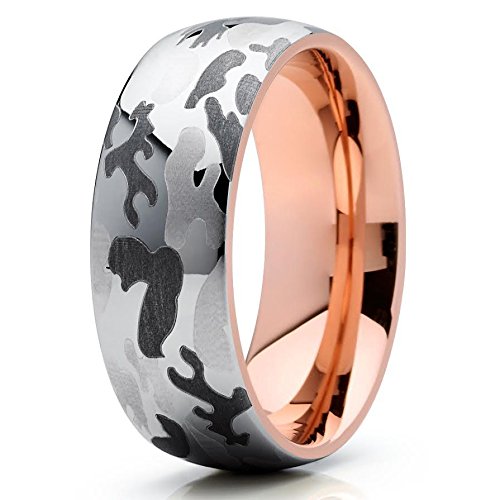 Camouflage Tungsten Wedding Ring - Rose Gold Tungsten Carbide Ring for Men & Women - 18k Rose Gold Dome Comfort Fit Band - Anniversary, Engagement, Hunter's Ring - Perfect for Outdoor Adventures & Everyday Wear
