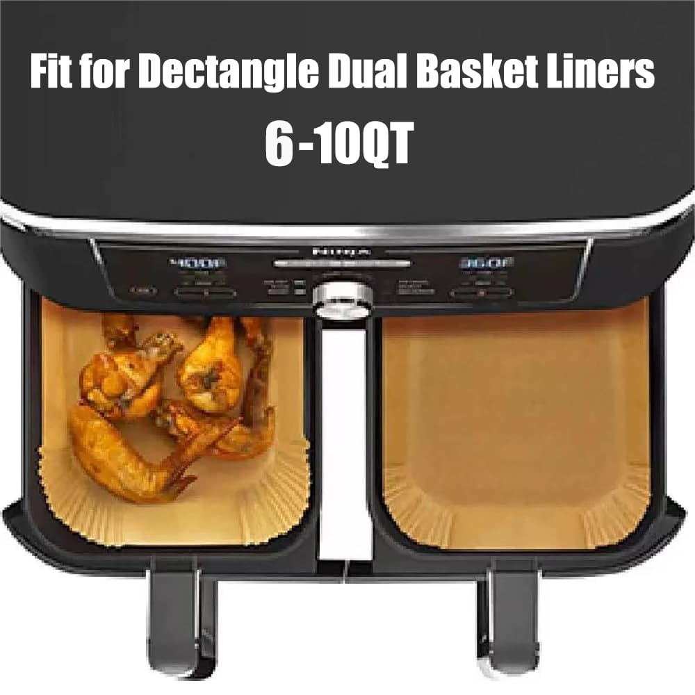 100 Pcs Disposable Air Fryer Parchment Paper Liners, 8.6x5.5 Inch Rectangle Non-Stick Baking Sheets for Dual Basket Air Fryers (DZ201/DZ401/DZ071) - Perfect for Frying, Baking, Roasting & Healthy Cooking at Home