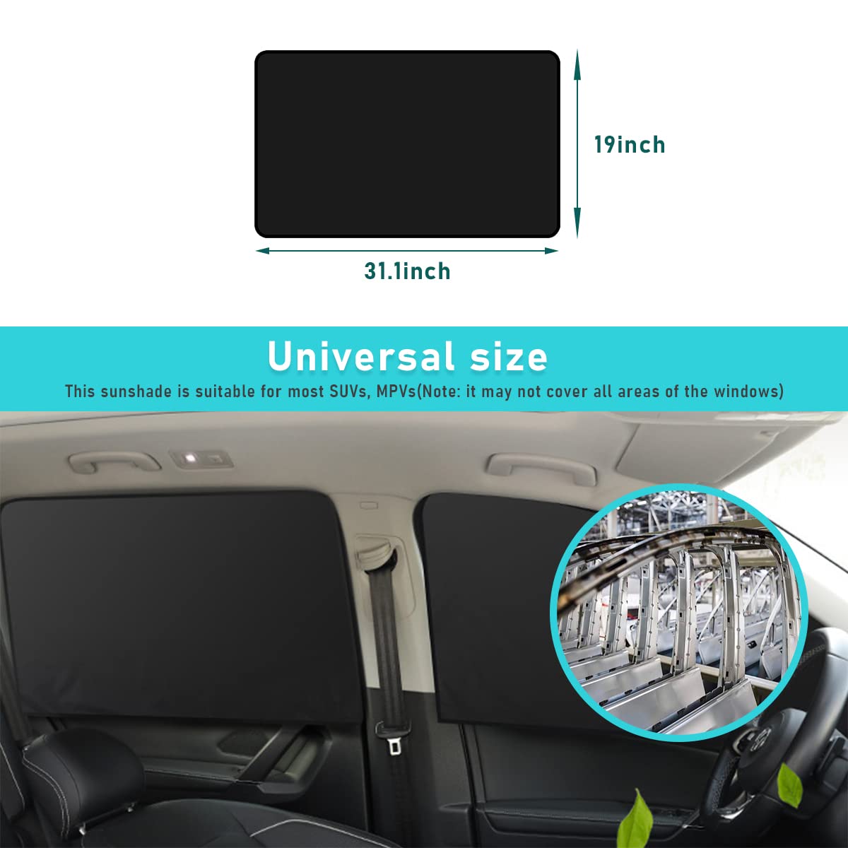 Ziciner Magnetic Car Window Sun Shade - 2 Pack UV & Heat Blocking Side/Rear Windshield Curtains for Cars & SUVs | Universal Fit Metal Frame | Black Back Window Cover for Sun Protection & Privacy