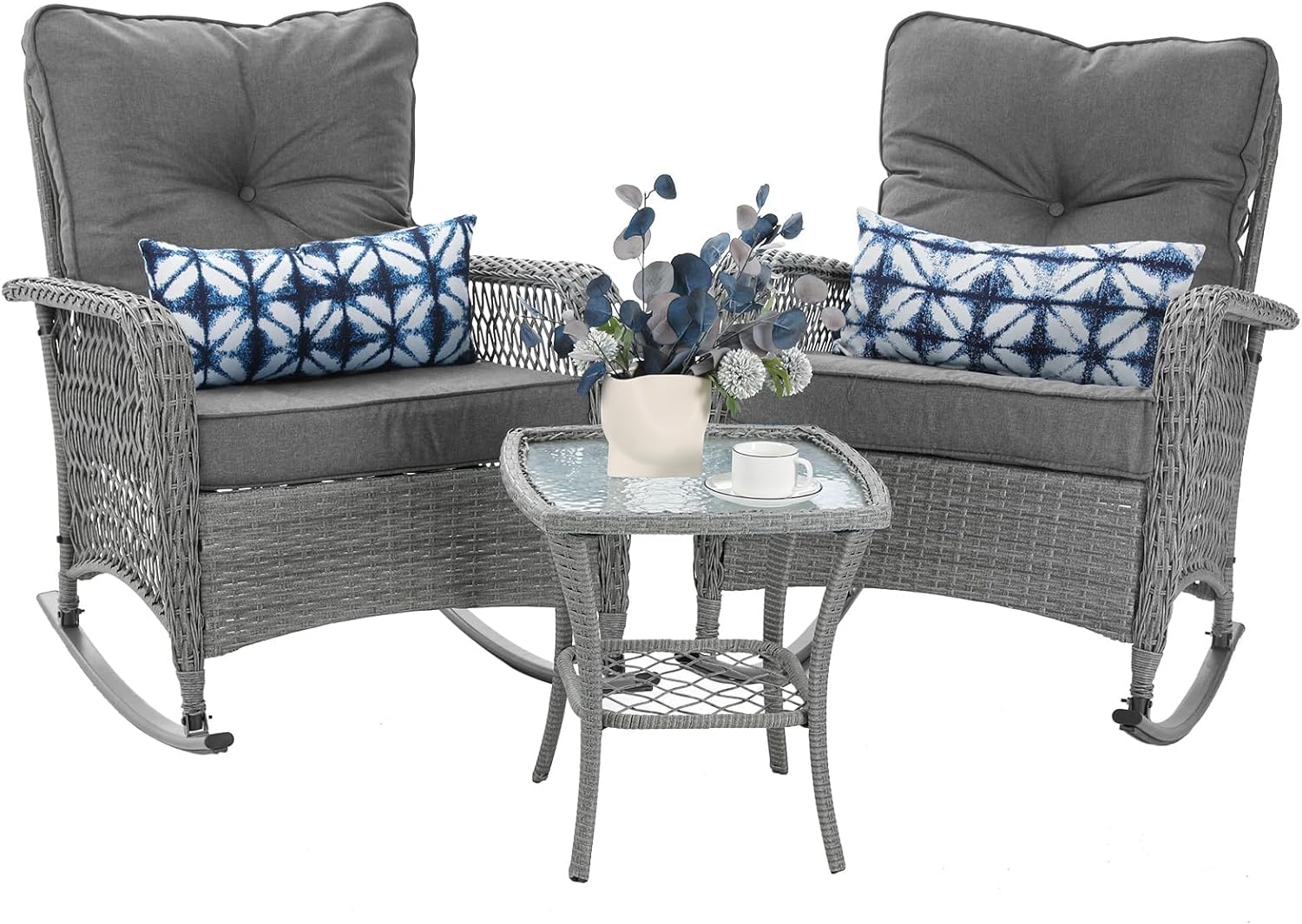 3-Piece Patio Furniture Set - Wicker Outdoor Rocking Bistro Set with Thick Cushions, Rocking Chairs & Coffee Table - Perfect for Porch, Backyard, Garden or Balcony (Grey) - Ideal for Relaxing, Entertaining & Outdoor Dining