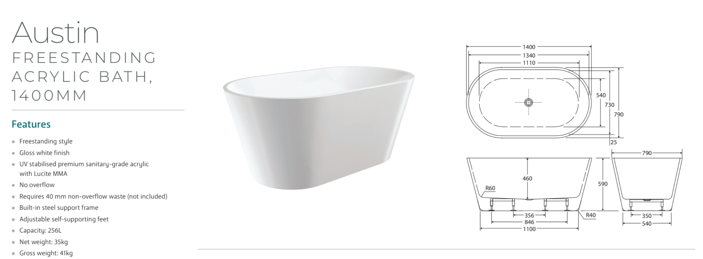 Fienza FR71 1400mm Freestanding Acrylic Bathtub - Gloss White, Modern Soaking Tub for Luxury Bathrooms, Spa-Like Relaxation at Home