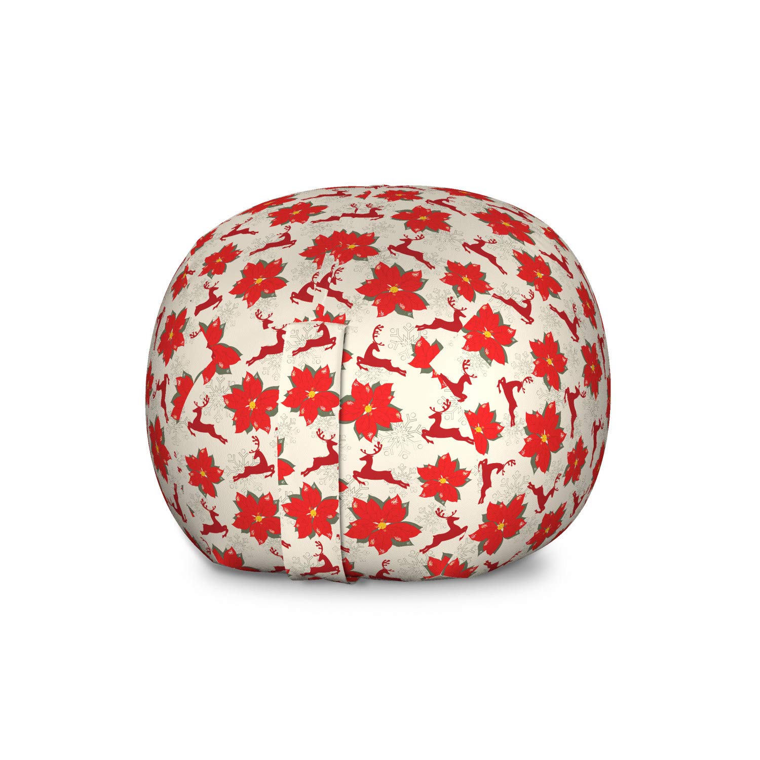 Ambesonne Christmas Toy Storage Bag Chair - Vibrant Poinsettia Flowers with Reindeers & Snowflakes Pattern, Large Washable Stuffed Animal Organizer (Scarlet Ruby Beige) | Perfect for Holiday Decor, Kids Room Organization & Seasonal Storage