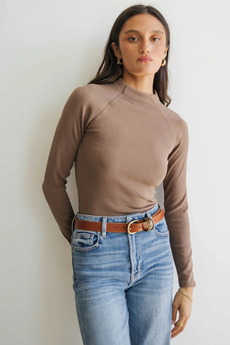 Amaya Mock Neck Top for Women - Soft Stretch Mocha Brown Long Sleeve Shirt | Perfect for Work, Date Night & Casual Outfits