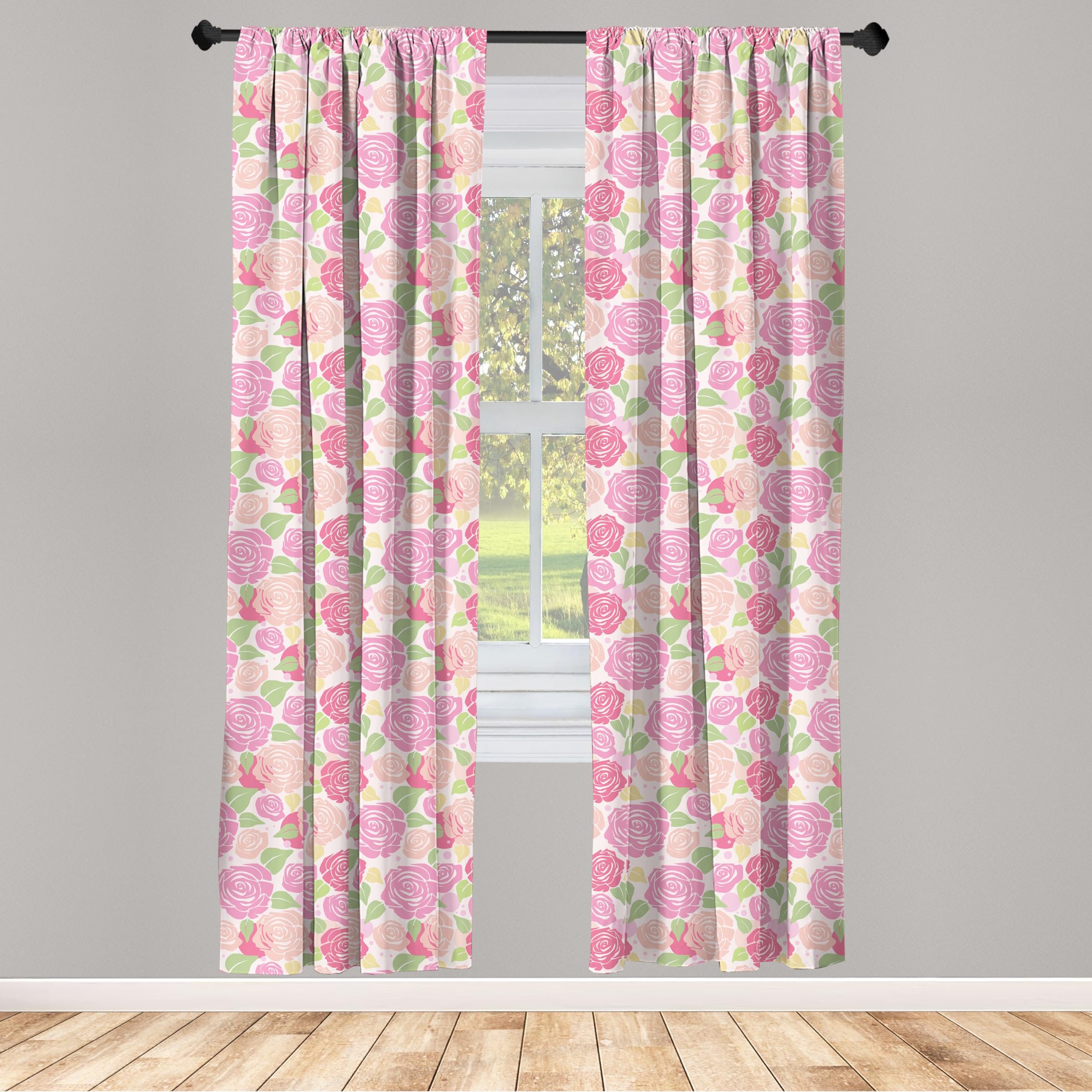 Ambesonne Rose Window Curtains - Romantic Floral Silhouette with Polka Dots Design, Lightweight 2-Panel Set with Rod Pocket (28