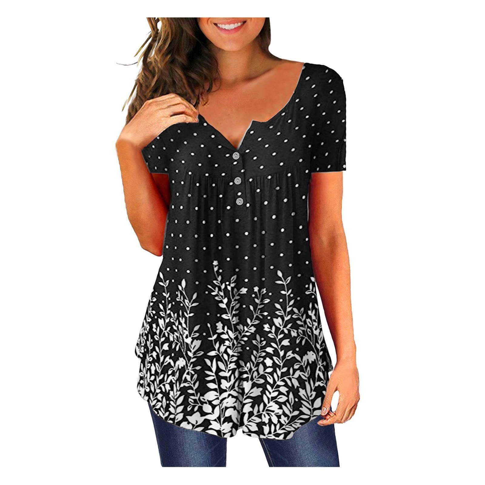 Women's Summer Floral Printed V-Neck Loose Cotton Blouse - Short Sleeve Button Down Shirt for Casual Wear, Beach Outfits & Office Attire