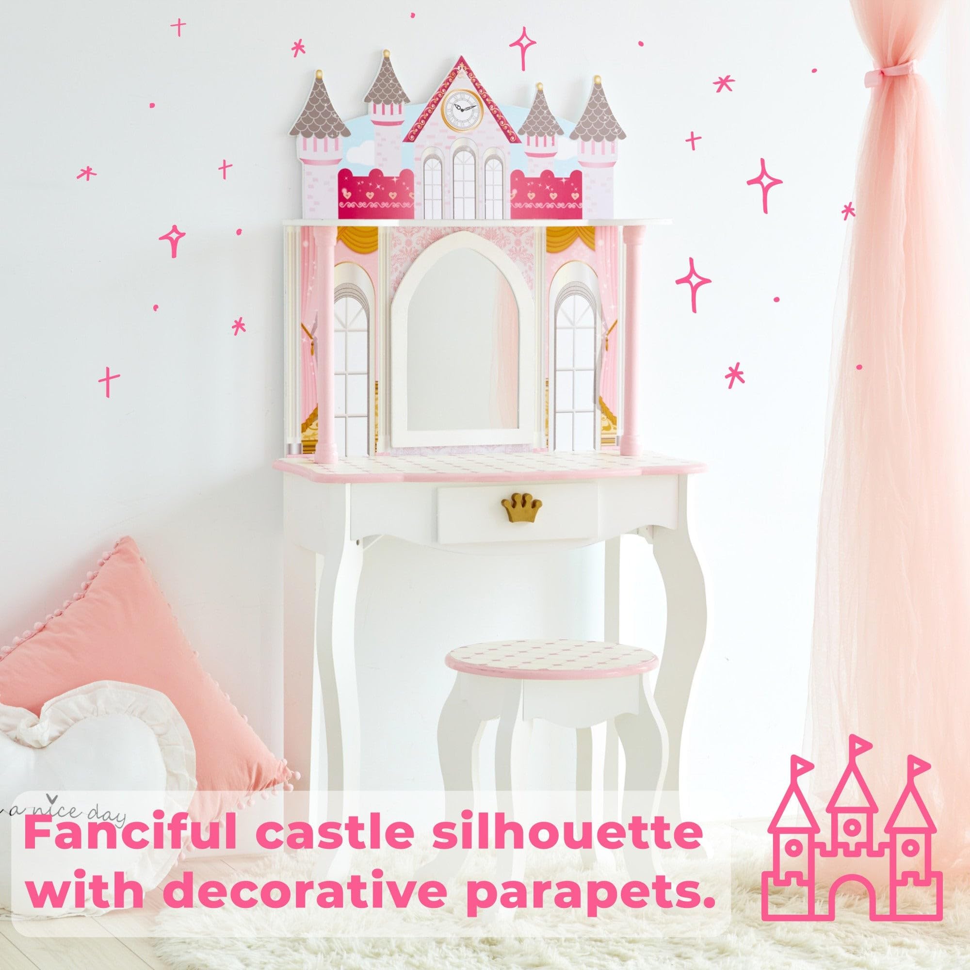 Teamson Kids Dreamland Princess Play Vanity Set with Mirror, Shelf, Storage Drawer & Stool - White & Pink Doll Furniture for 12