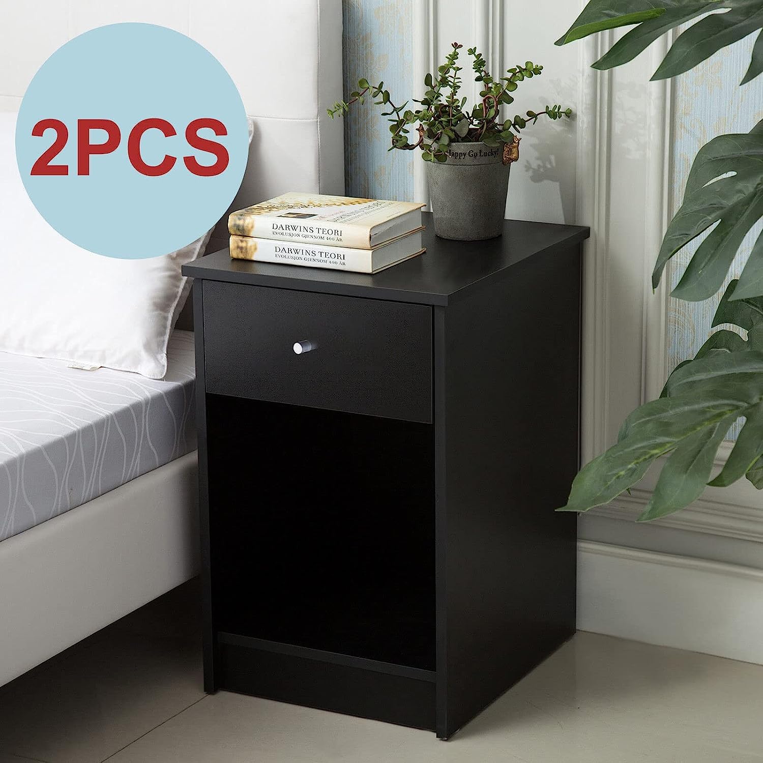 Modern Nightstand Set of 2 with Drawer & Open Shelf - Solid Wood Bedside Tables for Bedroom, Living Room End Tables - Perfect for Storing Books, Lamps & Bedroom Essentials (Black)