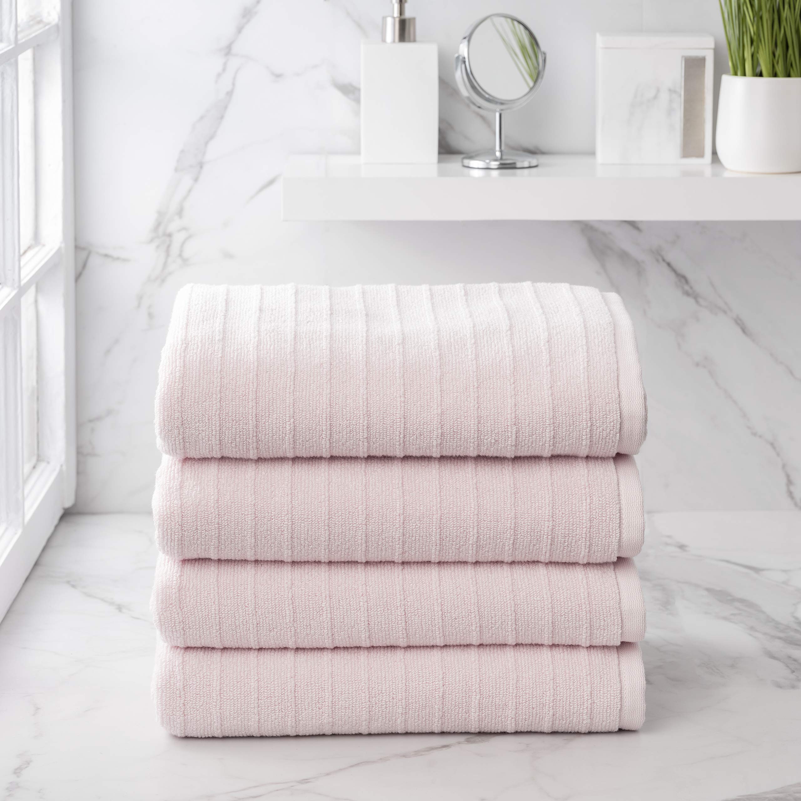 Welhome James 4-Piece Bath Towel Set - Soft, Absorbent & Quick-Drying 100% Cotton Striped Textured Blush Bath Towels for Spa, Gym & Luxury Bathroom Experience