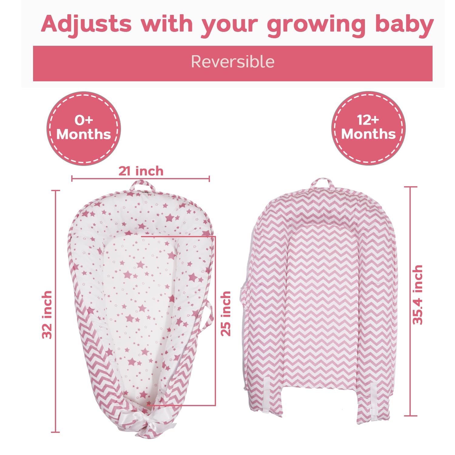 Organic Cotton Baby Nest Lounger - Reversible, Breathable & Adjustable Portable Infant Bed for Newborns | Star Collection (Pink) | Perfect for Co-Sleeping, Nursery & Travel