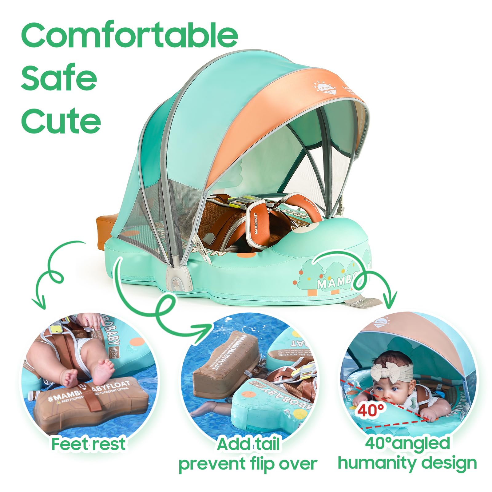 **Mambobaby Non-Inflatable Baby Swim Float with UPF 50+ Sun Canopy – Skin-Friendly Infant Pool Float for Safe Swimming – Ideal for Pools, Beaches & Water Play**