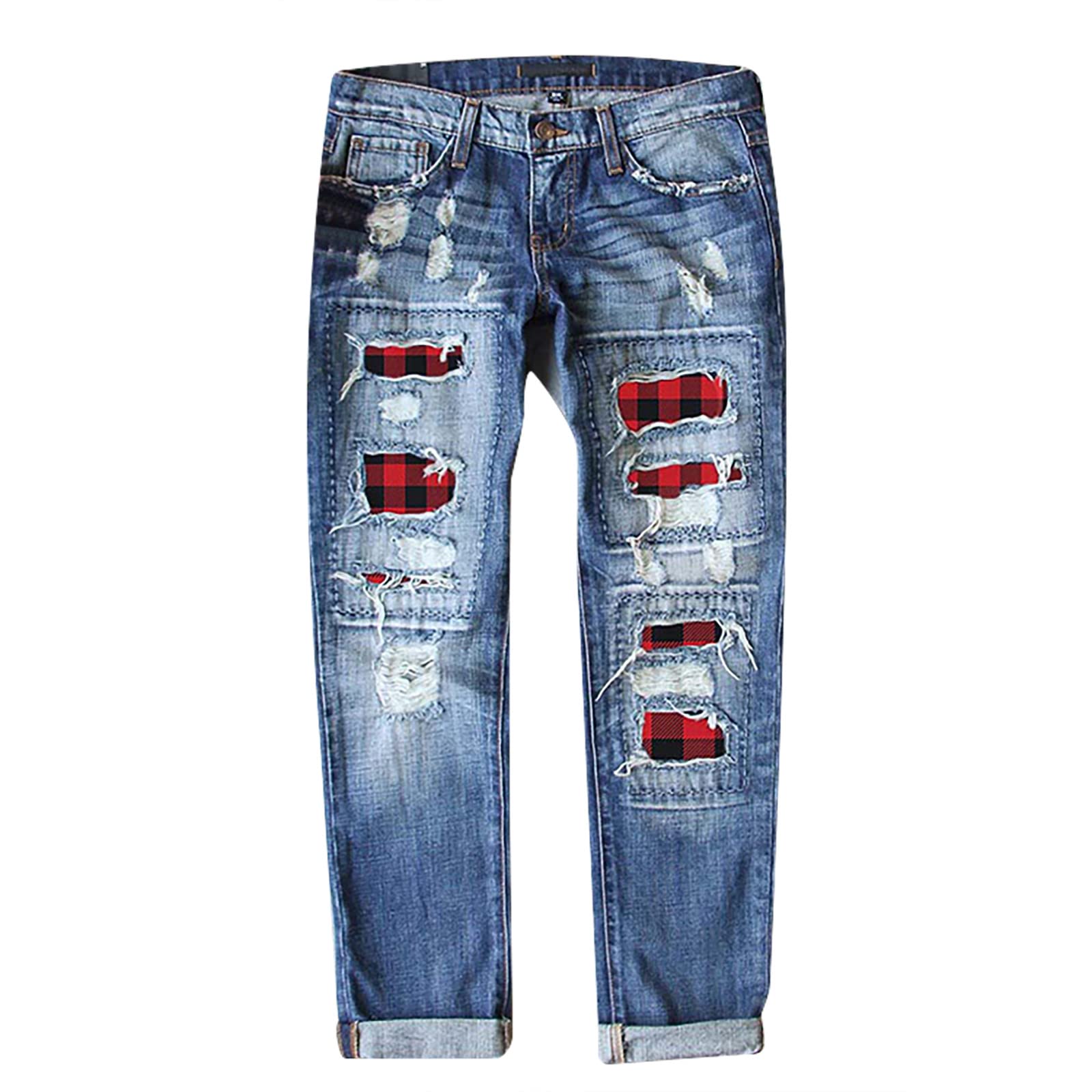Women's Ripped Distressed Skinny Jeans - Mid Rise Stretch Denim Pants with Buttons | Slim Fit Ankle-Length Mom Jeans for Casual Wear & Everyday Outfits
