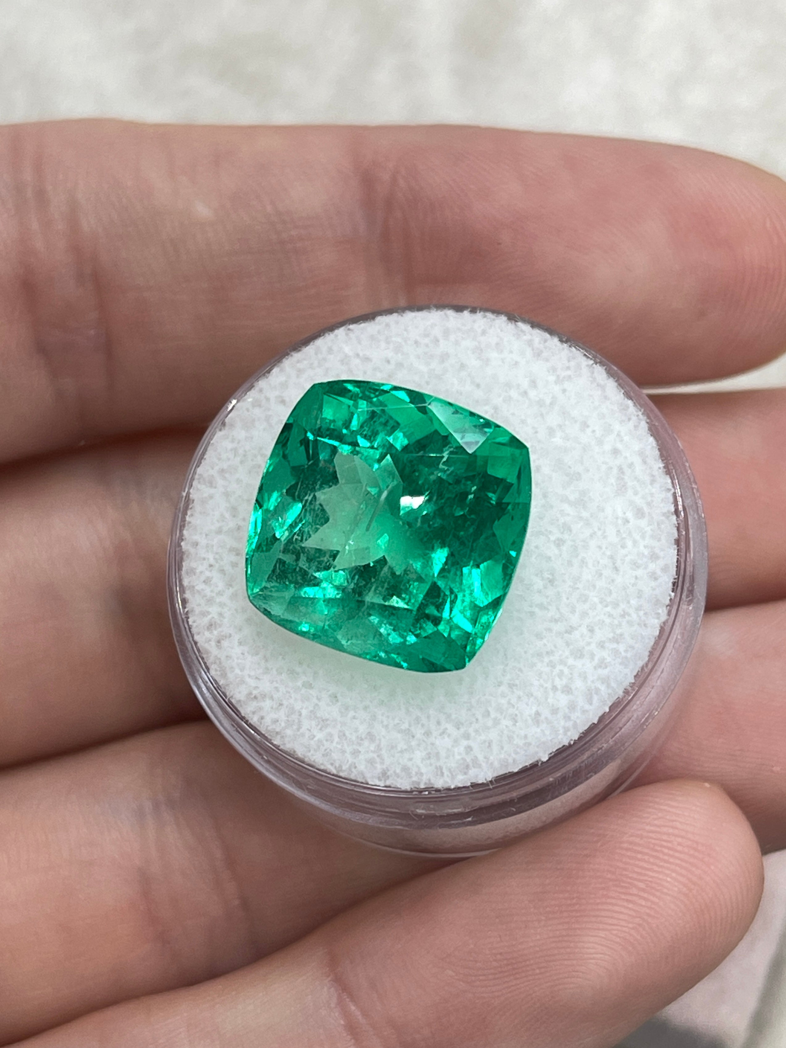 13.88 Carat 14x14mm Bluish Green Cushion Cut Loose Colombian Emerald - Ethically Mined Natural Gemstone for Jewelry Making, Engagement Rings & Luxury Gifts