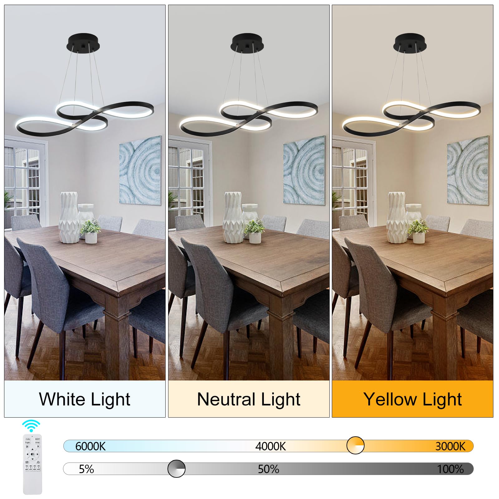 Q&S Modern Black LED Chandelier with Remote Control - Dimmable Dining Room Light Fixture for Living Room, Bar, Game Room, Restaurant, Hotel & Office - Perfect for Romantic Dinners, Entertainment Spaces & Professional Settings (30-inch)