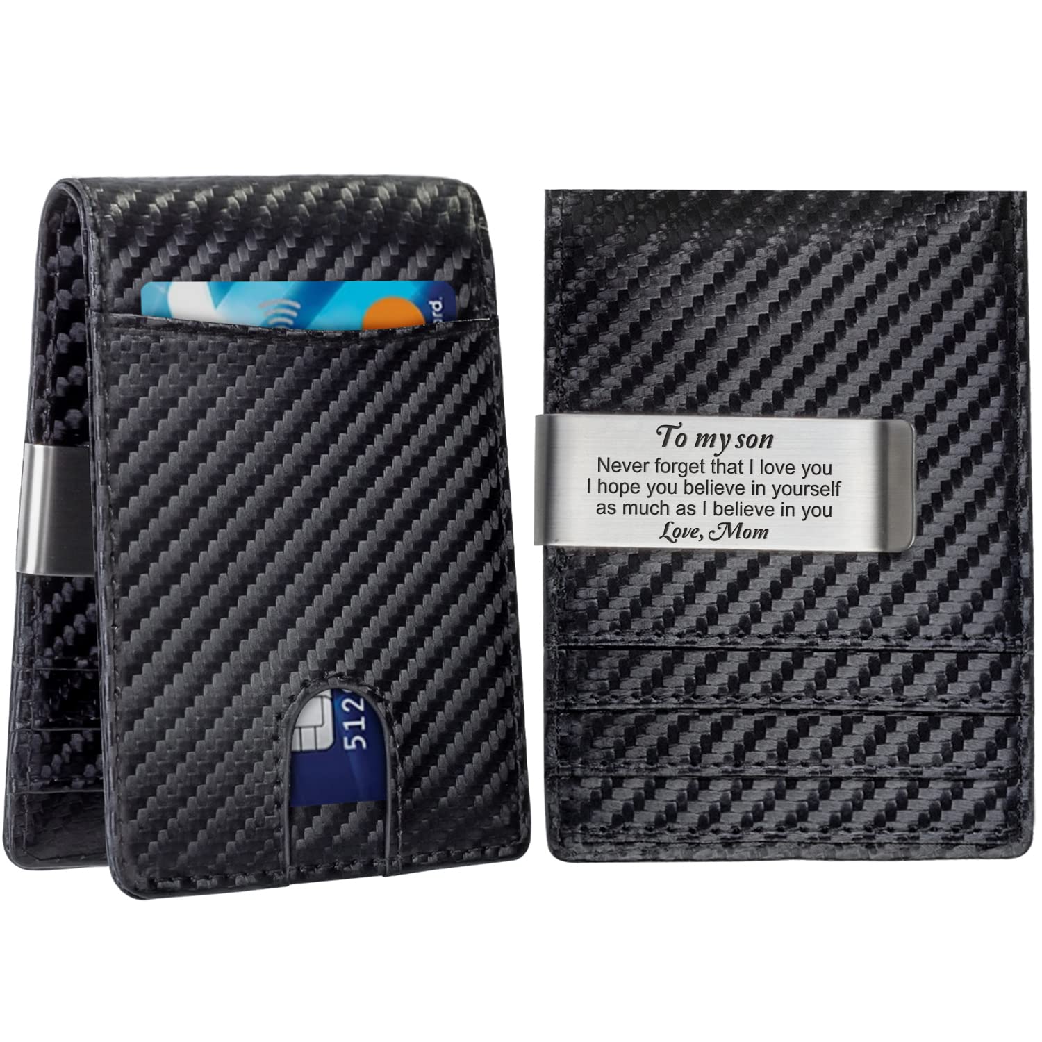 Personalized Engraved Leather Slim Bifold Wallet for Men with Money Clip & RFID Blocking - Perfect Gift for Son from Mom (Birthday, Christmas, Graduation) - Ideal for Everyday Use, Travel & Business