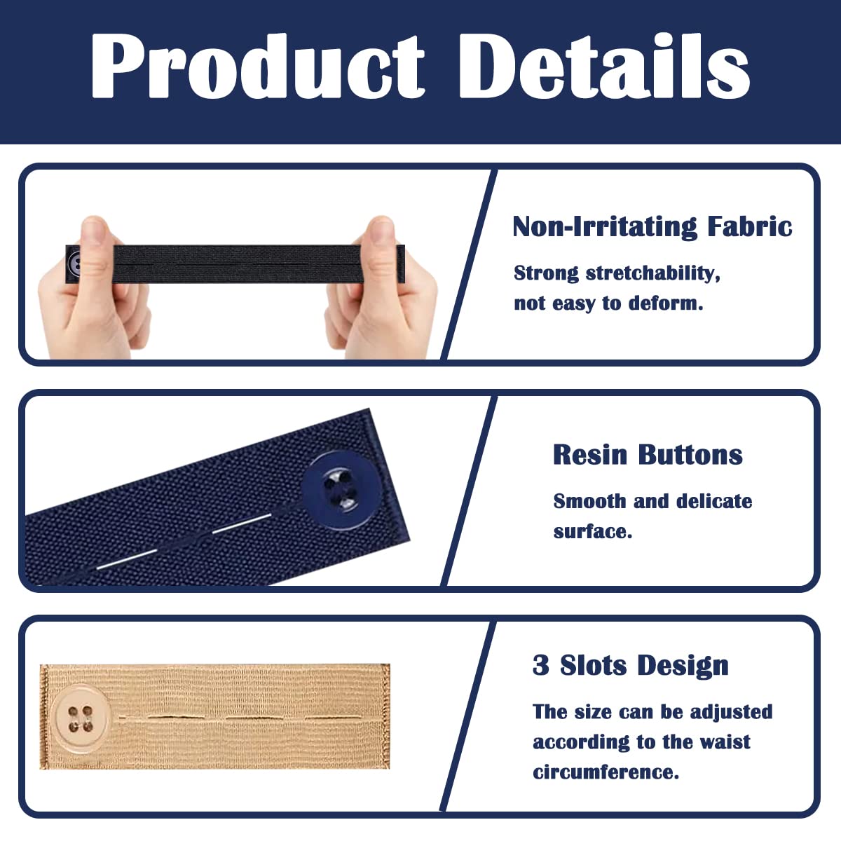 Elastic Waist Extenders for Pants - 8 Pack Adjustable Belt Extender for Women & Men - Works with Jeans, Dresses & Button Pants (Black, Blue, Khaki) - Perfect for Travel, Pregnancy & Weight Fluctuations