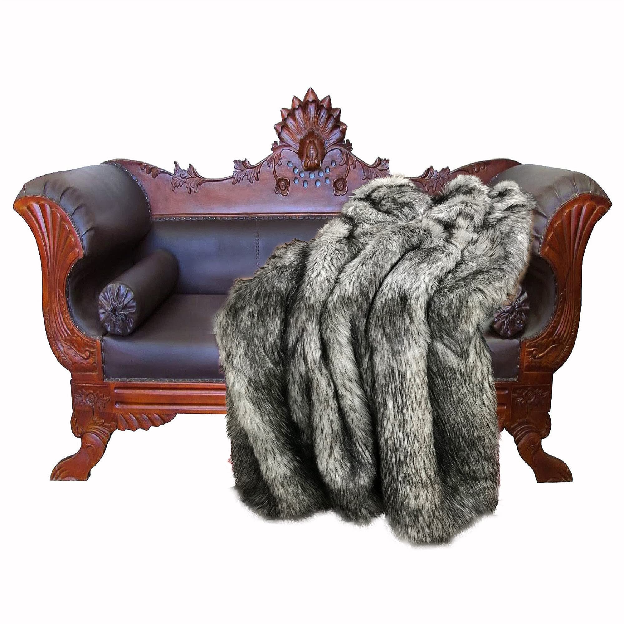 Premium Faux Fur Gray Wolf Throw Blanket - Soft Minky Cuddle Fur Lining - 5'x6' Cozy Blanket for Couch, Bed & Winter Camping - Bear Skin & Wolf Design Home Decor