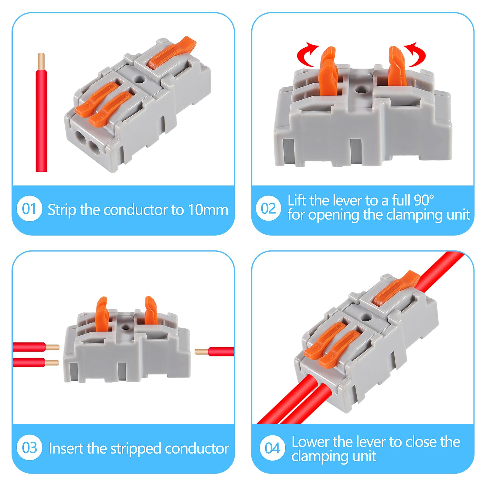 50PCS Lever Wire Connectors - 1 in 2 Out Quick Connect Electrical Terminals for AWG 28-12 Wires | Secure Push-in Conductor Blocks for Home Wiring, DIY Projects & Electrical Repairs