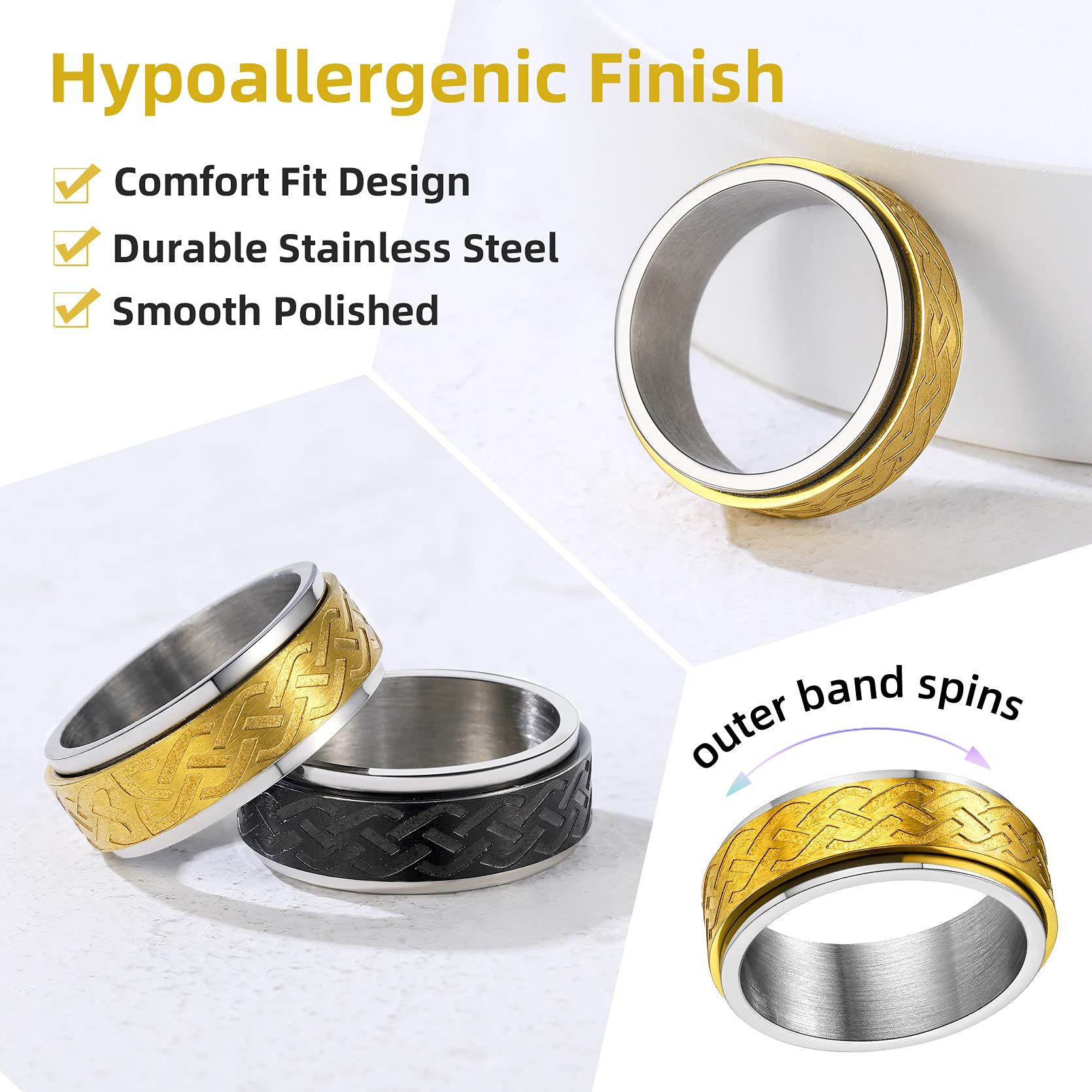 GOLDCHIC Spinner Ring for Men & Women - Sand Blast Finish Celtic Fidget Band Ring for Anxiety Relief - Titanium Steel Worry Ring in Black & 18K Gold Plated (8mm, Size 7-12) - Perfect for Stress Relief, Meditation & Focus - Includes Gift Box