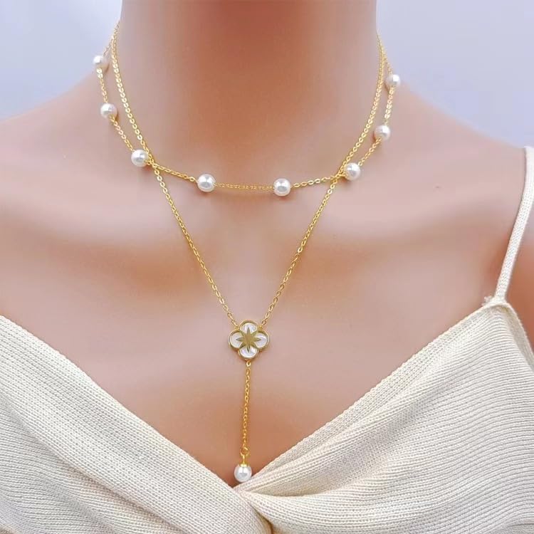14K Gold Plated Layered Pearl Necklace for Women - Elegant Dainty Pearl Jewelry Gift for Anniversary, Wedding & Special Occasions
