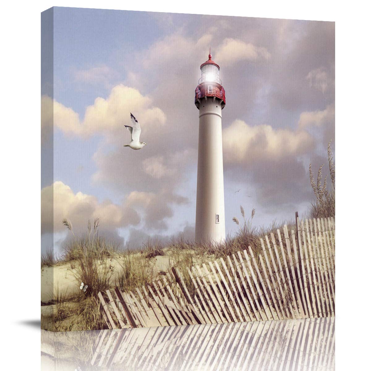 Beautiful Lighthouse Grassland Dreamy Sky Clouds Seagulls Scenery Canvas Wall Art - 16x16 Inch Framed Abstract Painting Print for Bedroom, Bathroom & Kitchen Decor - Ready to Hang Gift Idea - Perfect for Coastal, Farmhouse or Nautical Theme Rooms