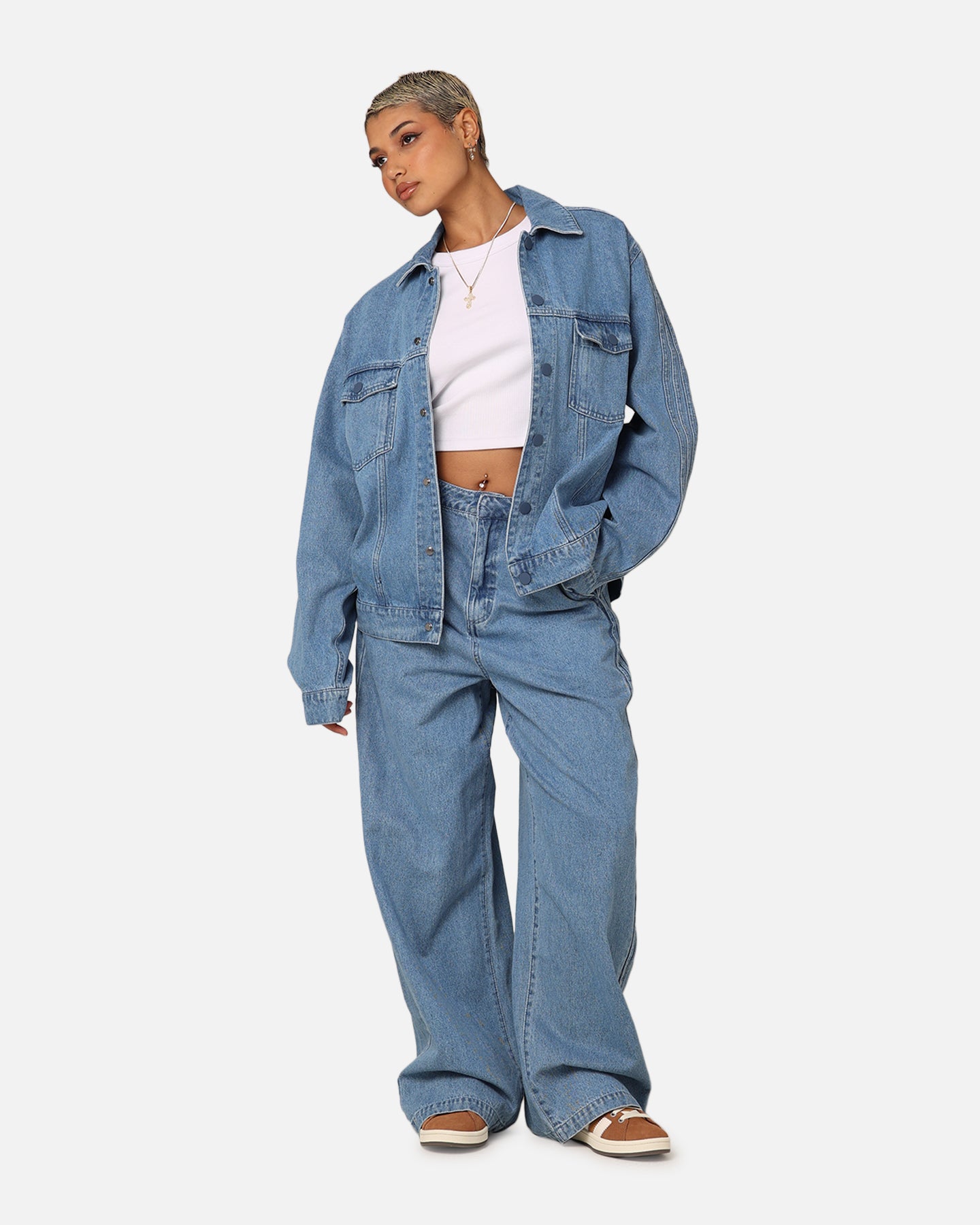 Adidas X KSENIASCHNAIDER Women's Light Blue Denim Jacket with 3 Stripes - Stylish Streetwear for Casual Outings & Fashion Events