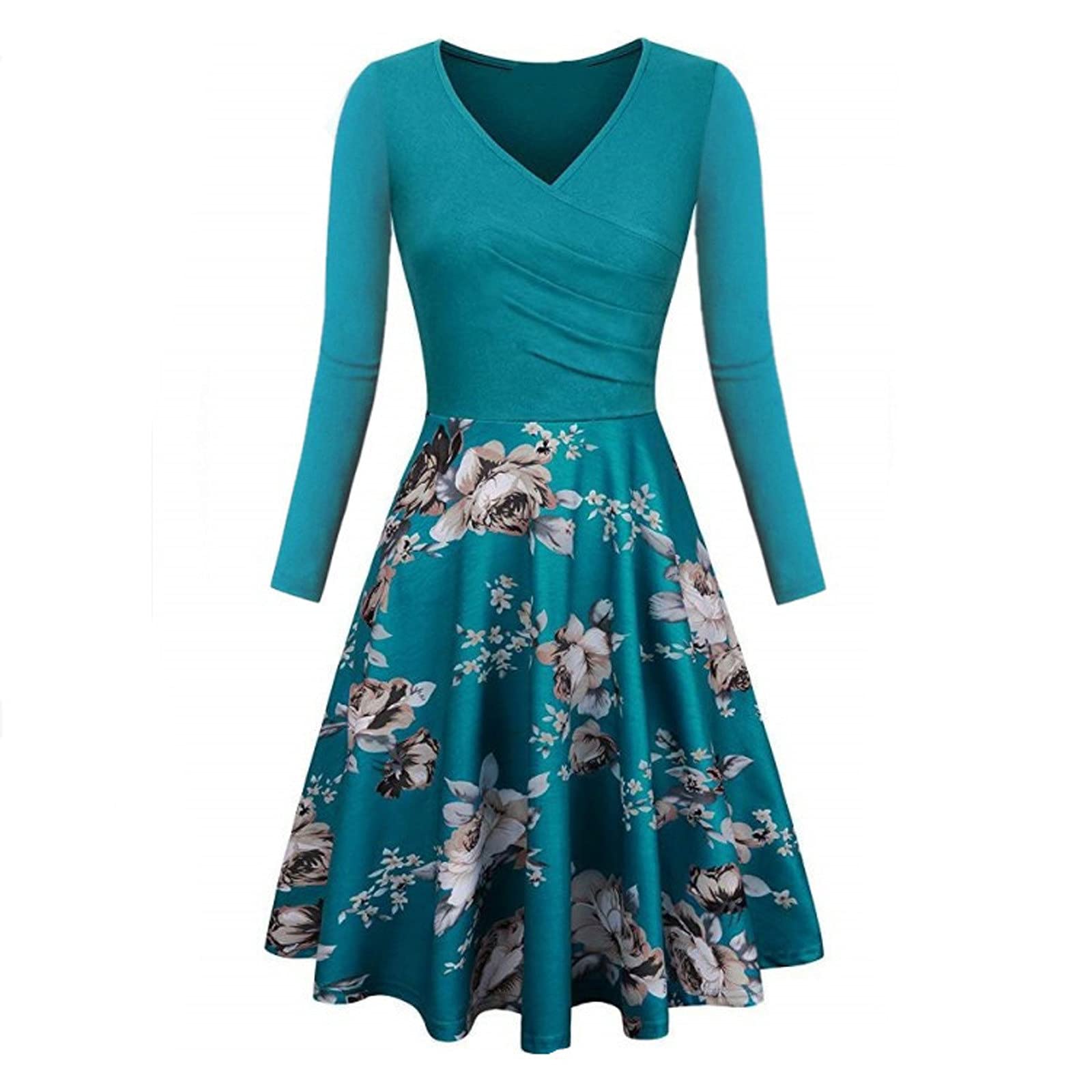 Elegant Mock Neck Evening Dress for Women - Stretch A-Line Cocktail Dress with Floral Print & Flounce Hem - Polyester Spring Party Gown for Cocktail Parties, Weddings & Special Occasions