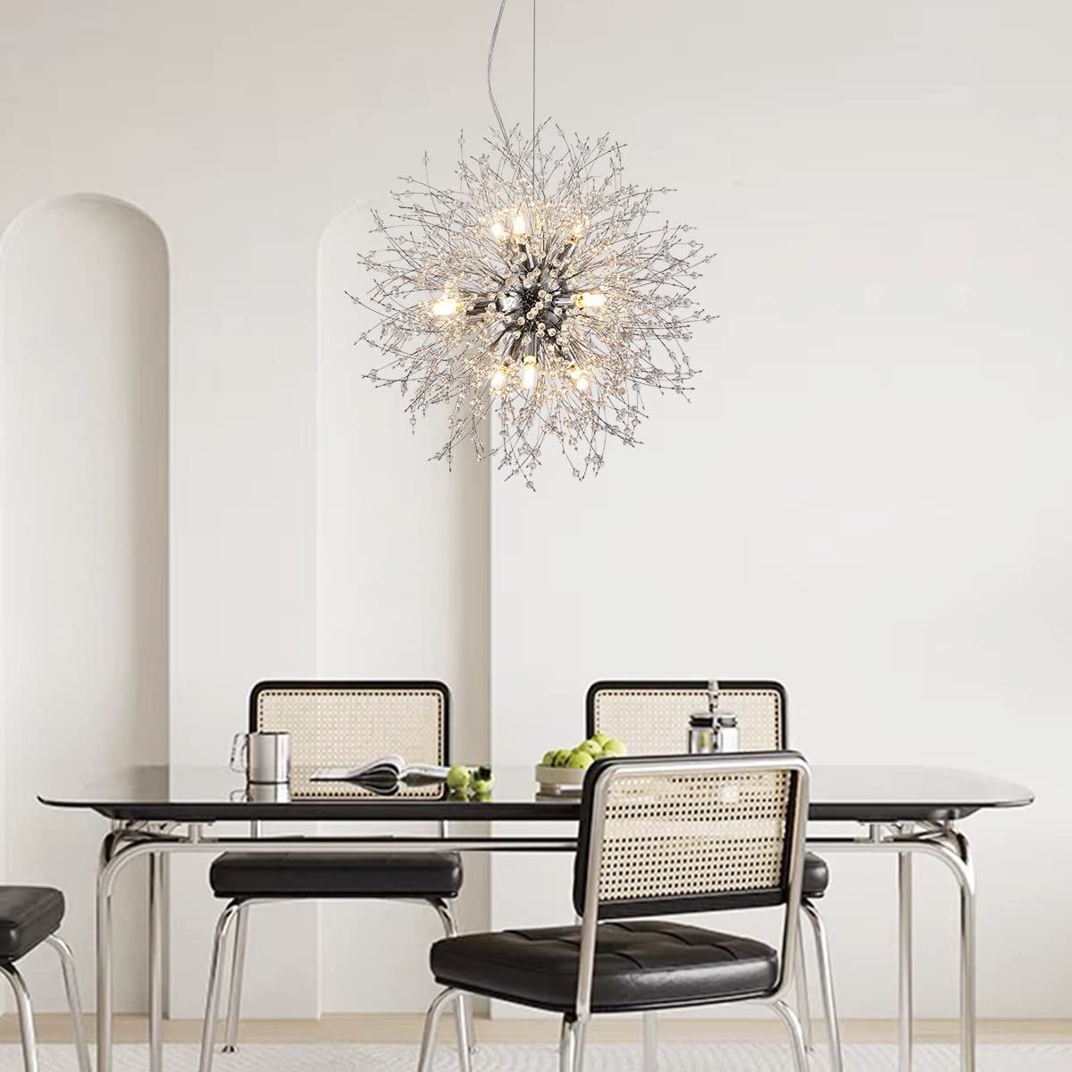 9-Light Stainless Steel Dandelion Chandelier - Modern Sputnik Pendant Lighting Fixture in Chrome Finish (19.6